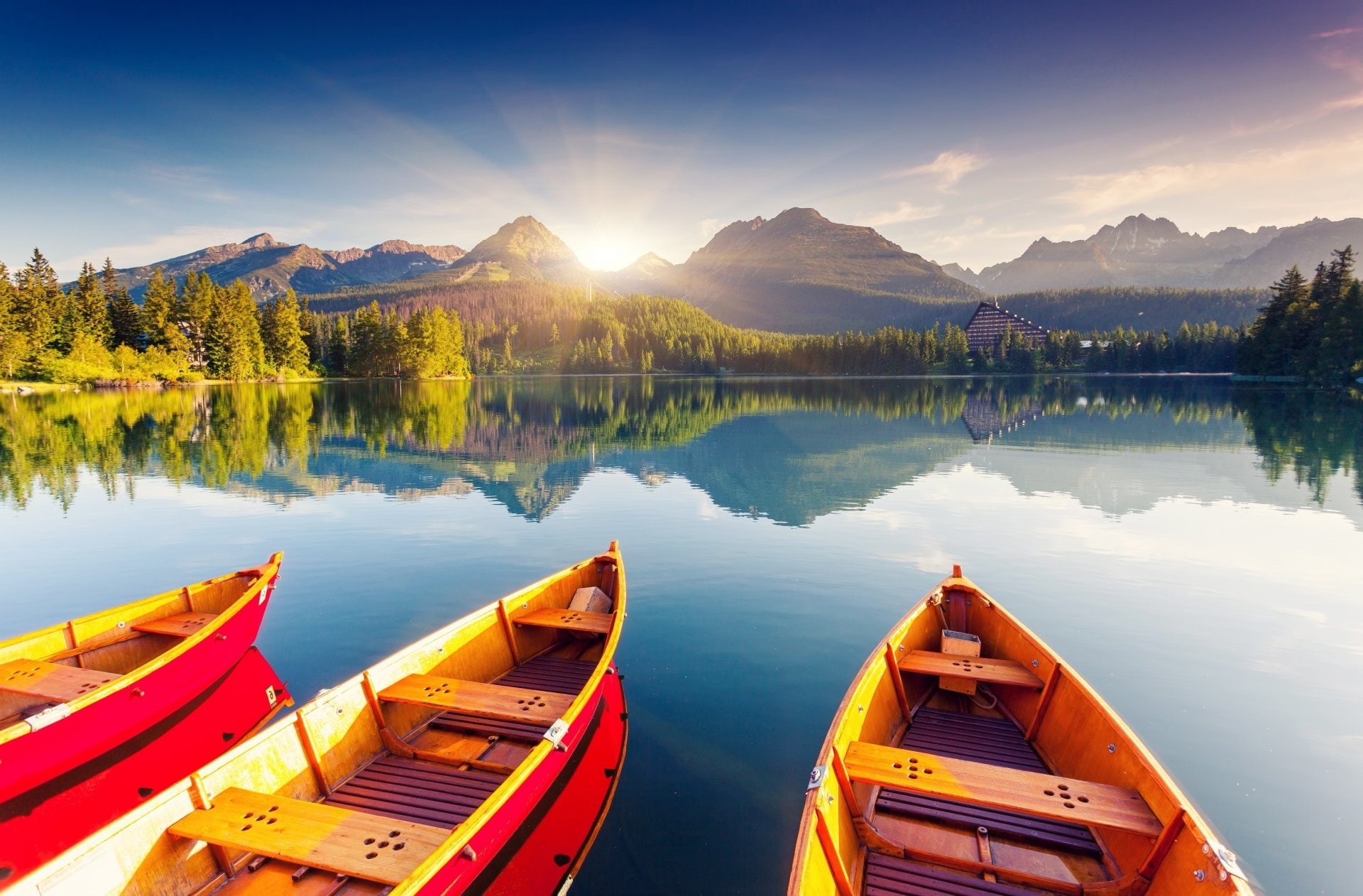Lake, Slovakia, High Tatras, Boat, Mountain, Sunshine, 1080P, Vehicles, HD Wallpaper