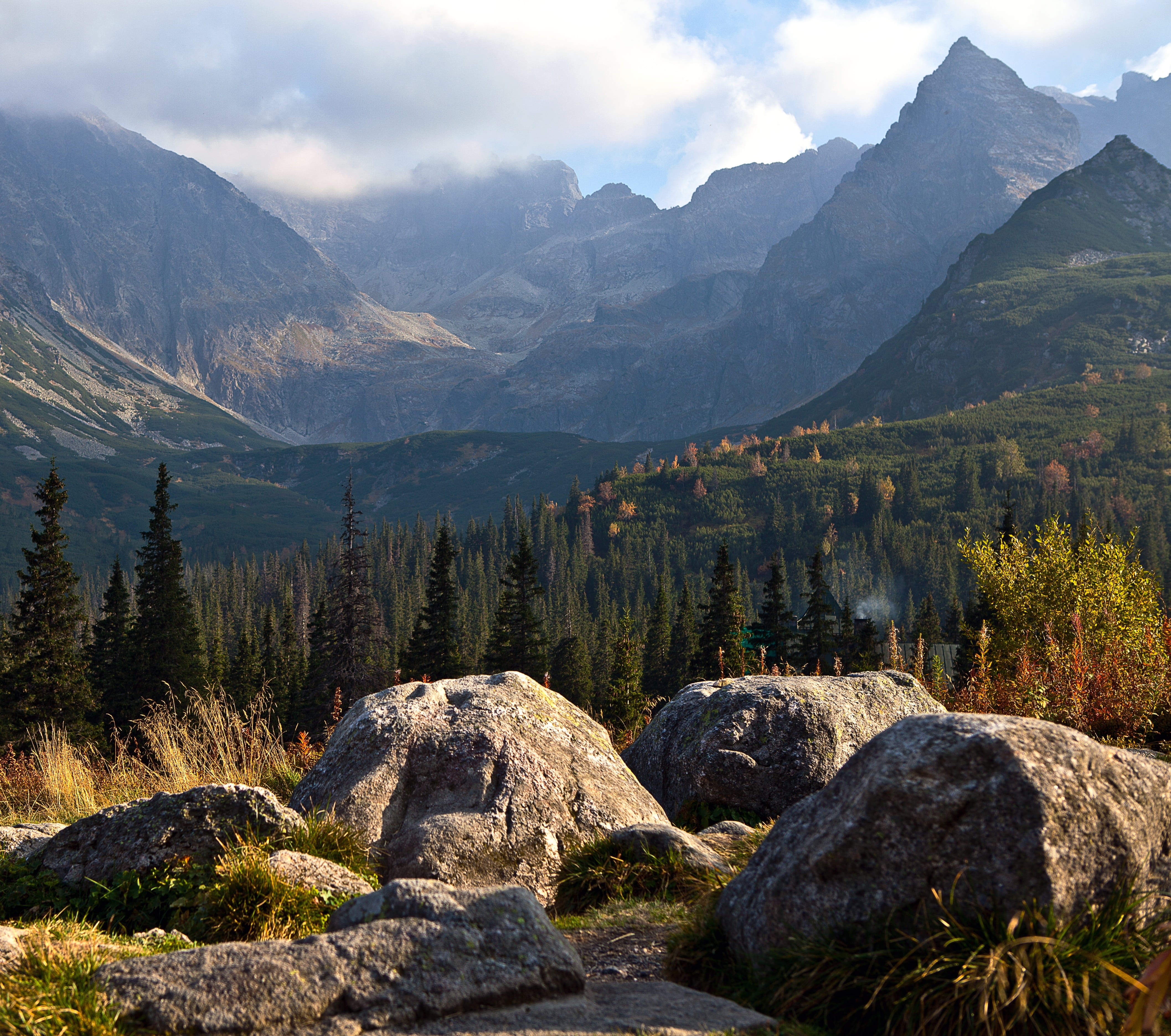 mountain peak, scenics - nature, beauty in nature, the valley of the, day, polish tatras, clouds, sunset, pine tree, rock - object, the magnitude of the, HD Wallpaper