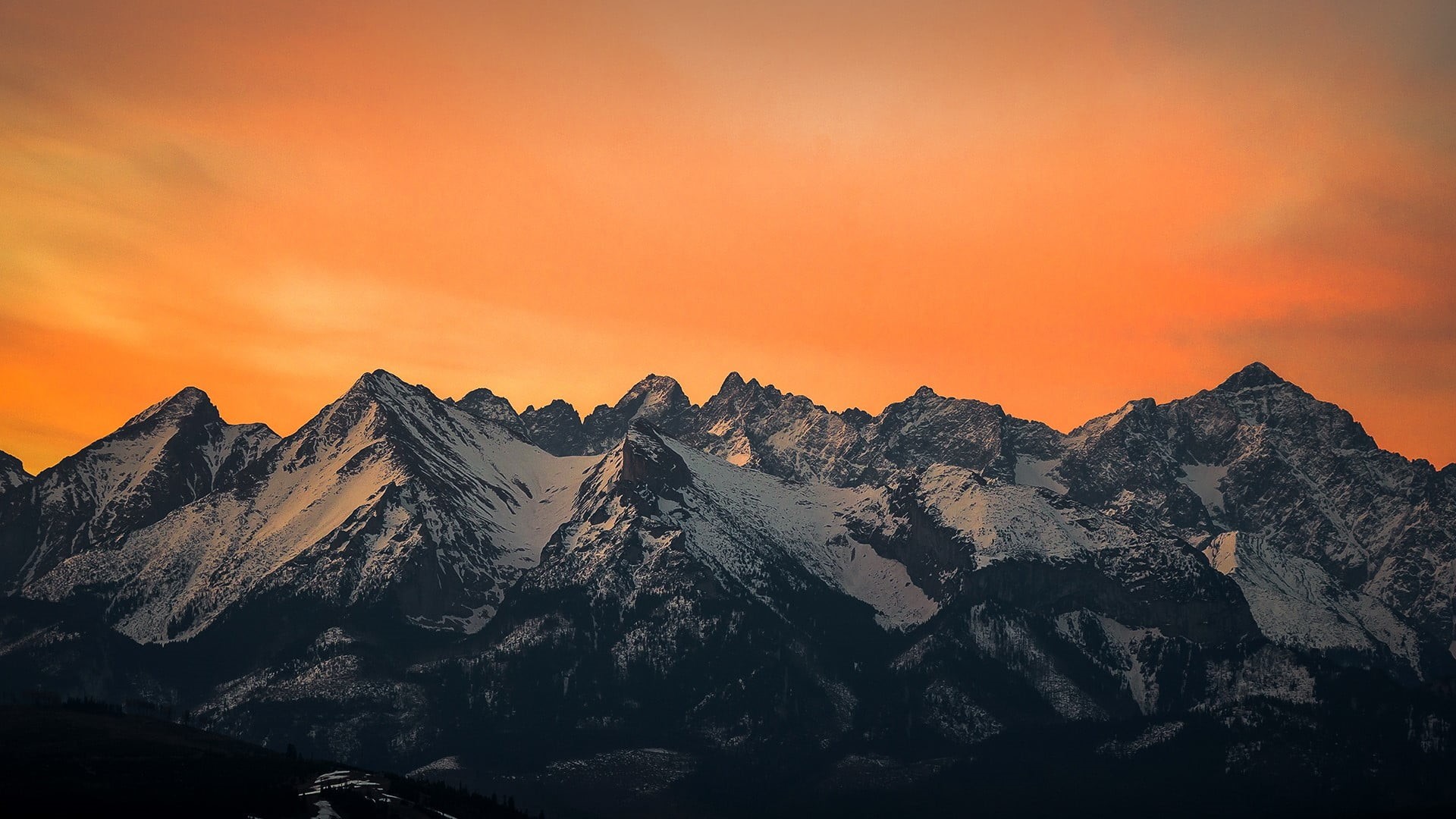nature, forest, mountains, Poland, sky, Tatra Mountains, landscape, 1080P, sunset, trees, snow, clouds, snowy mountain, HD Wallpaper