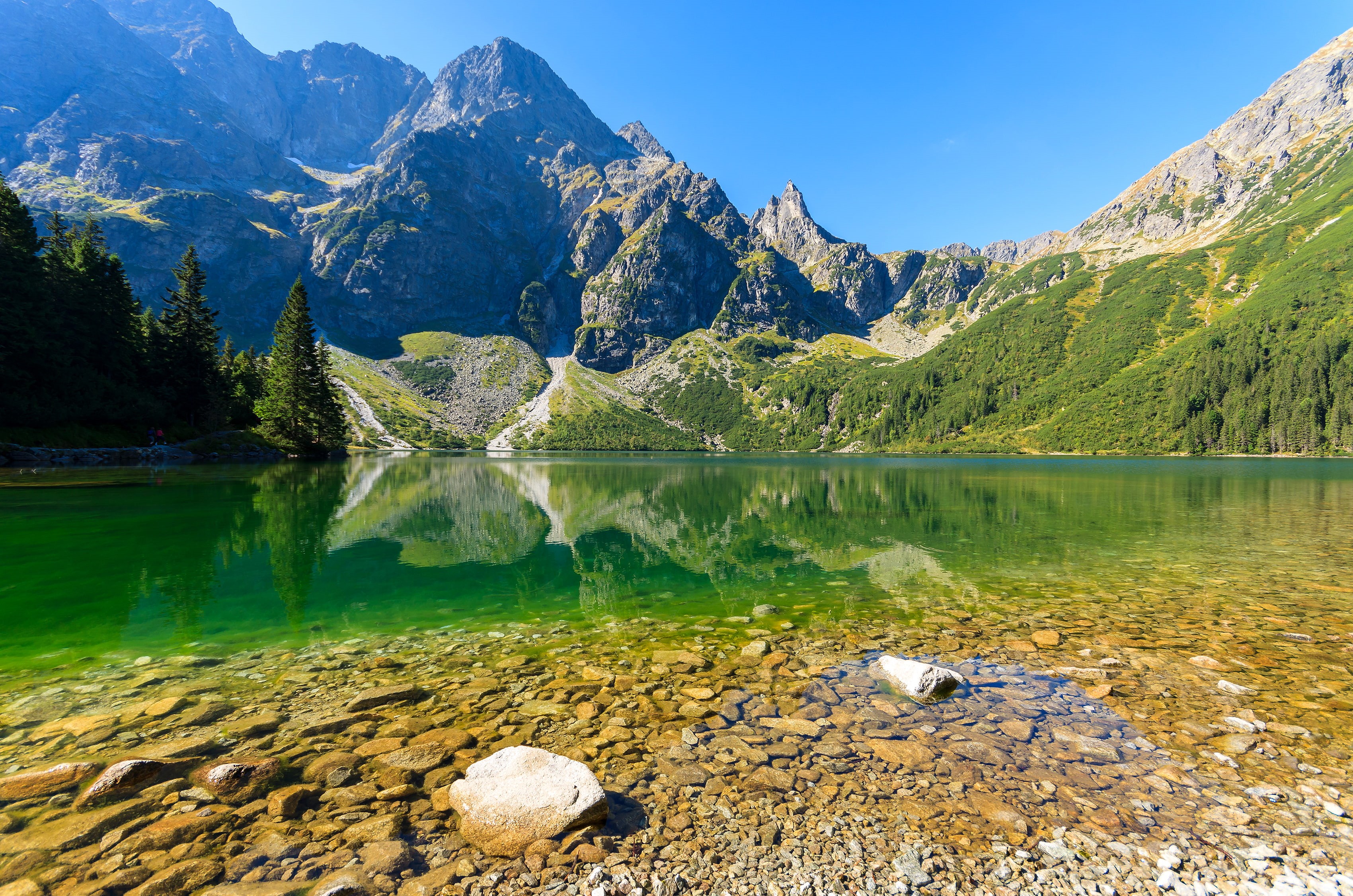 rocks, stones, mountains, Tatra National Park, 2K, trees, lake, Lake Sea Eye, Poland, HD Wallpaper