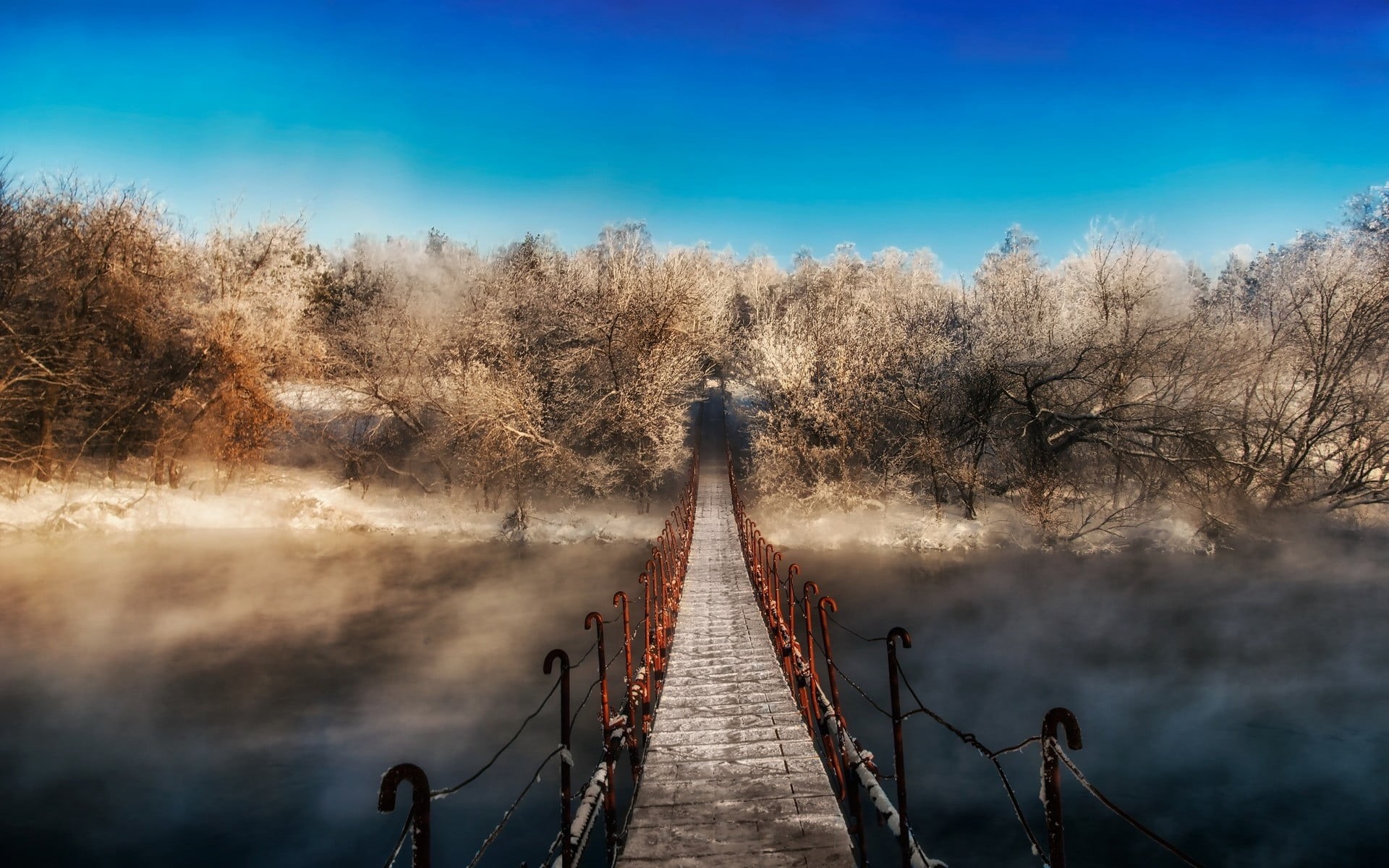 outdoors, tree, beauty in nature, transportation, 1080P, sky, tranquil scene, landscape, brown, water, plant, winter, walkway, men, architecture, mist, HD Wallpaper