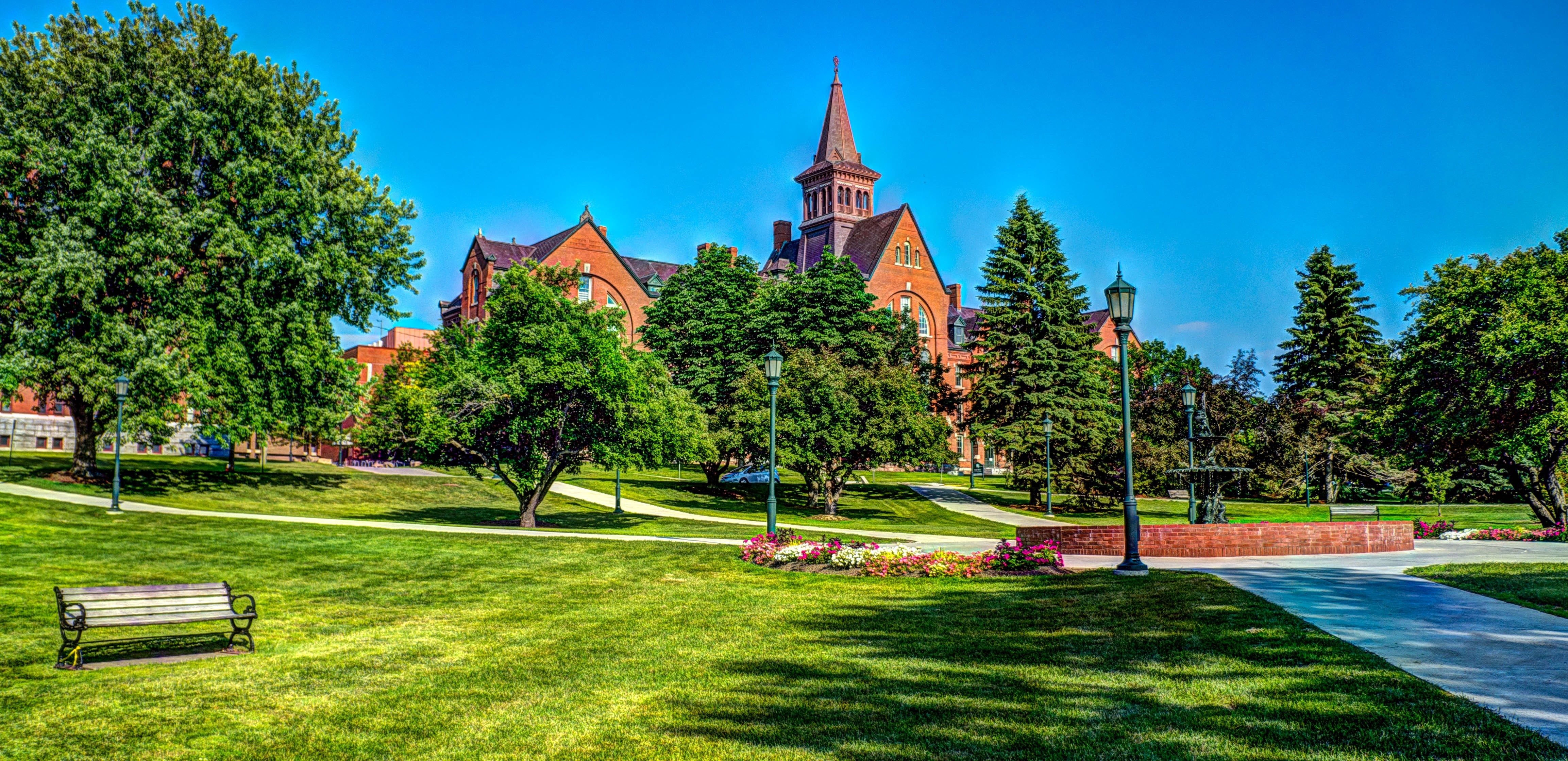 vermont, built structure, nature, university, outdoors, beautiful, travel destinations, pathway, sunny, green color, brown, park - man made space, 4K, HD Wallpaper