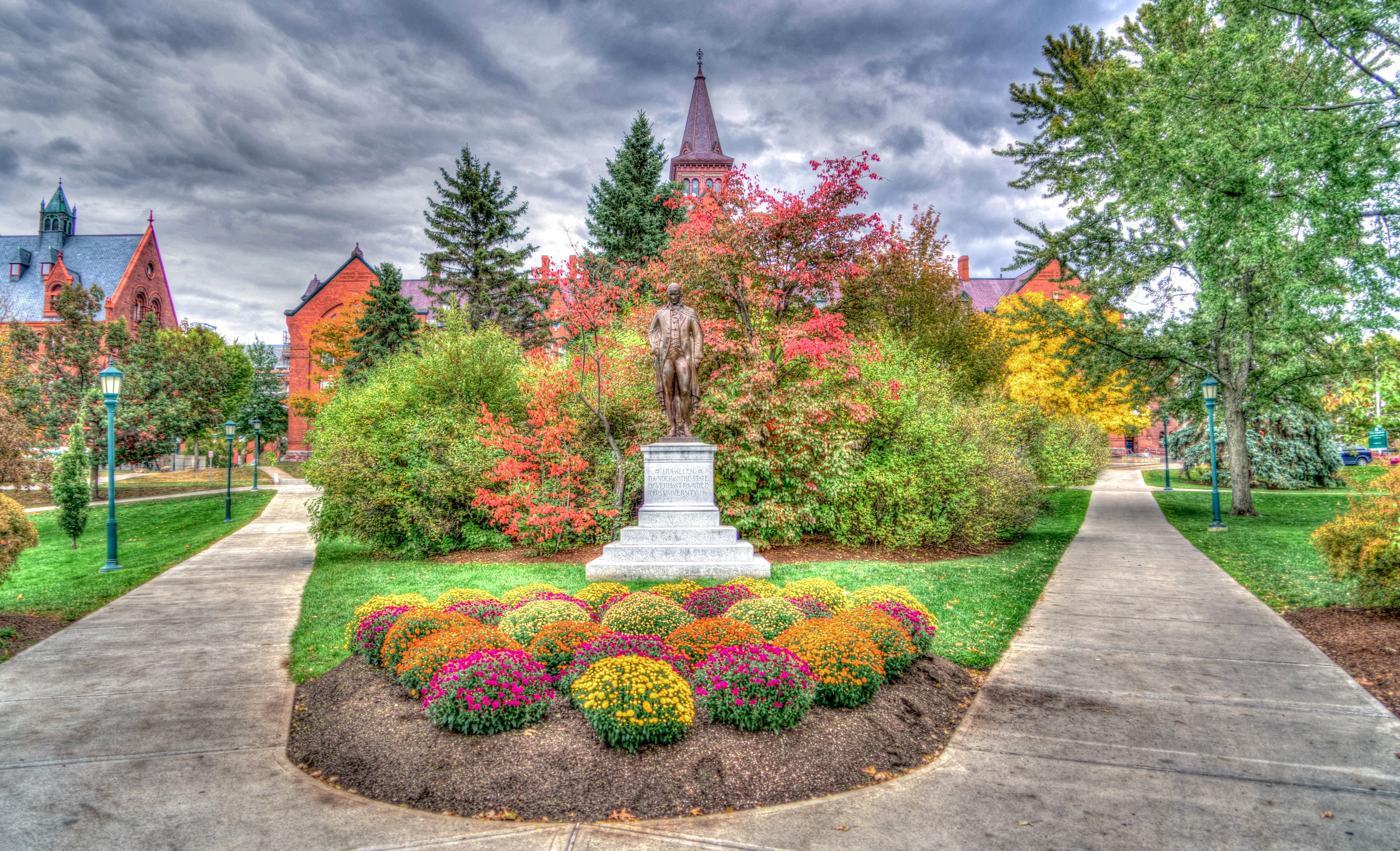 footpath, statue, outdoors, vermont, garden, plant, flower, architecture, grass, landmark, no people, park, 5K, nature, landscape, tree, tourism, university of vermont, HD Wallpaper