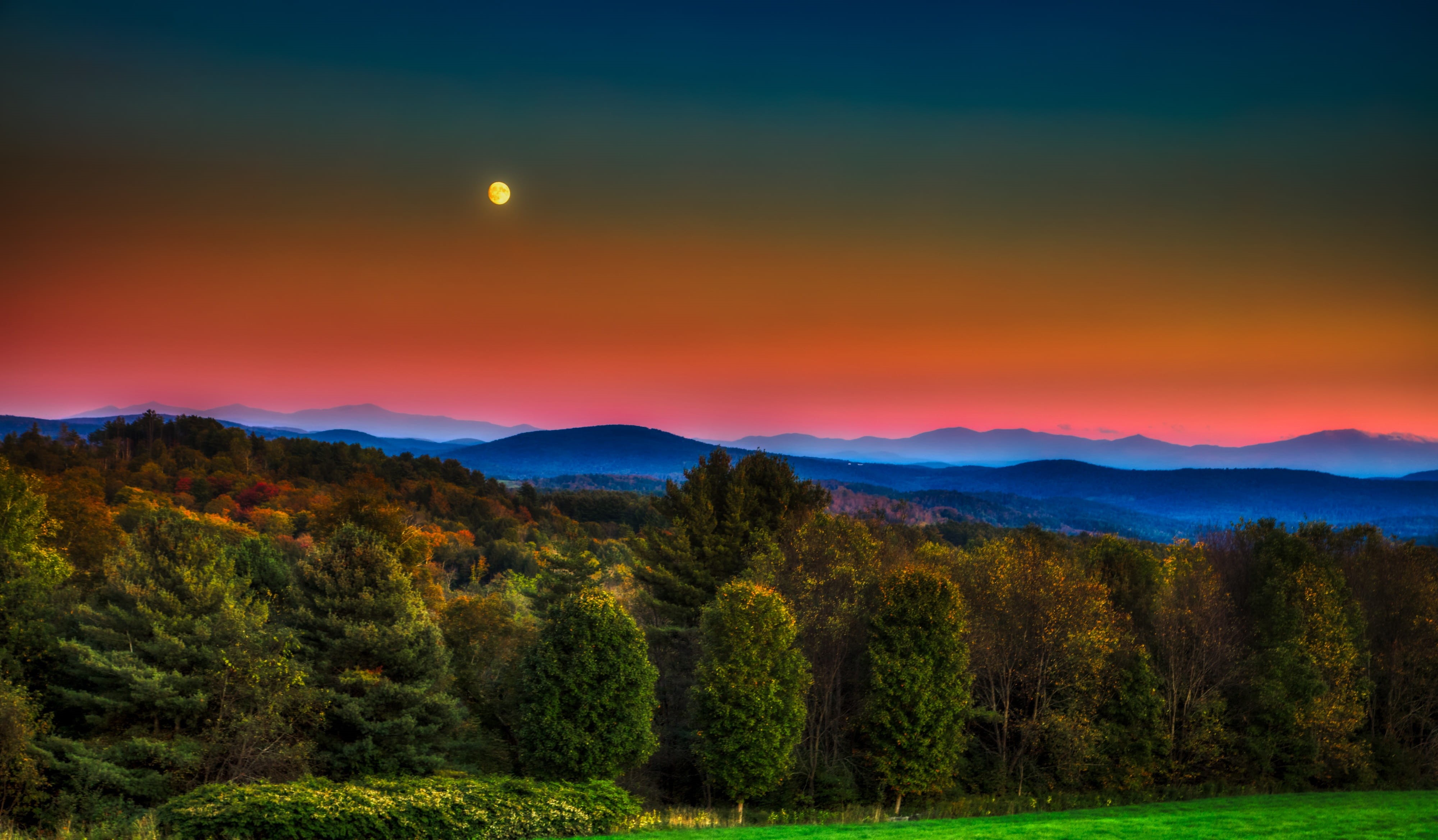 beautiful, panorama, fall, woods, tree, outdoors, 4K, astronomy, sky, countryside, plant, beauty in nature, sunset, forest, scenics - nature, vermont, HD Wallpaper