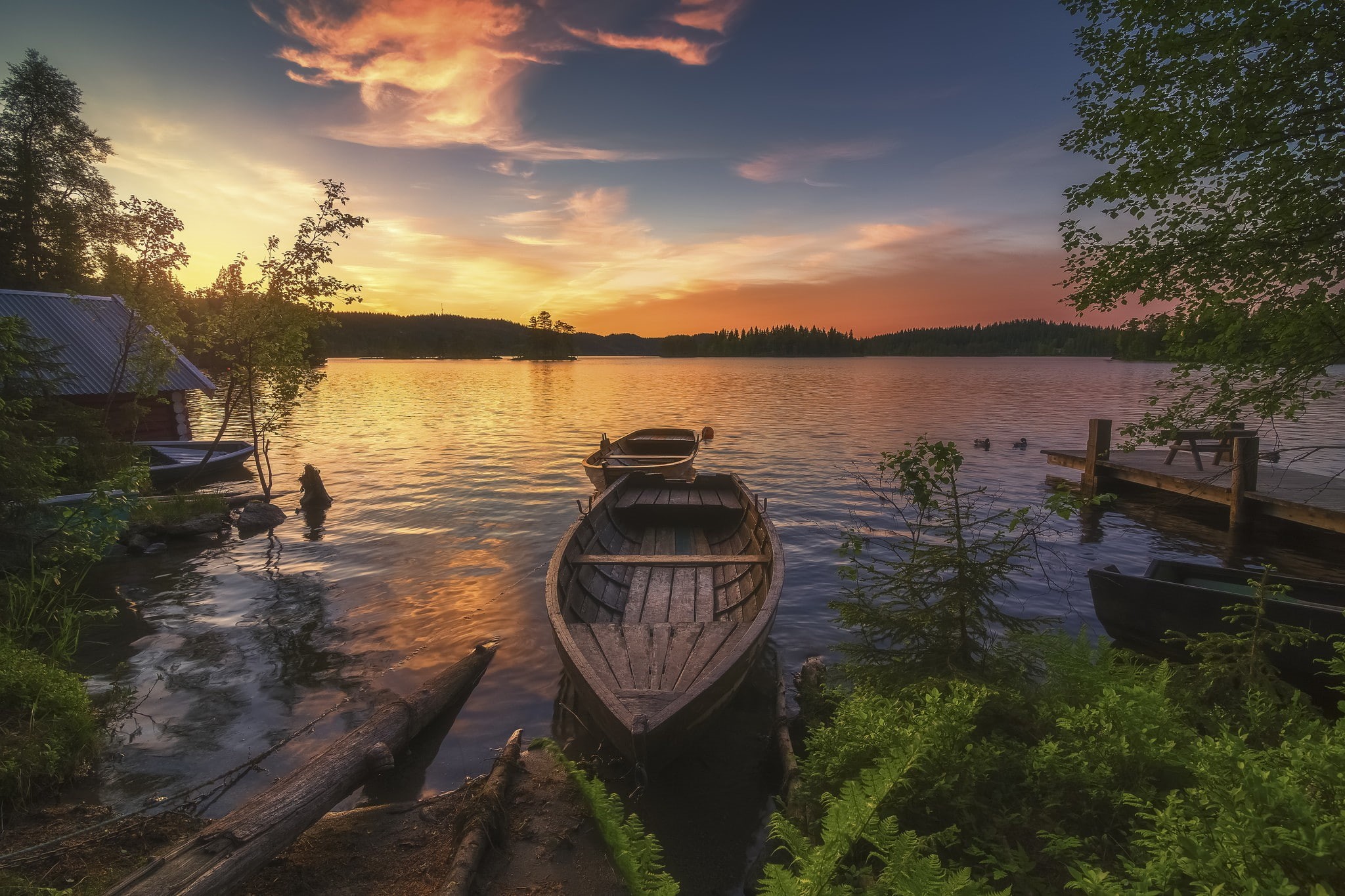 tranquil scene, reflection, landscape, tree, mode of transportation, nautical vessel, water, 1080P, nature, rowboat, outdoors, non-urban scene, beauty in nature, HD Wallpaper