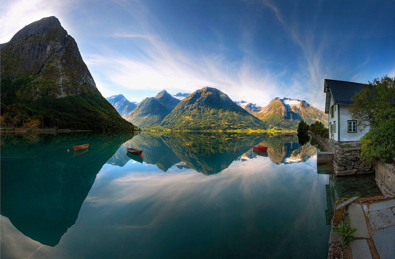 mountains, scenics - nature, building, tranquility, reflection lake, water, tranquil scene, sky, travel destinations, mountain range, cloud - sky, landscape, HD Wallpaper