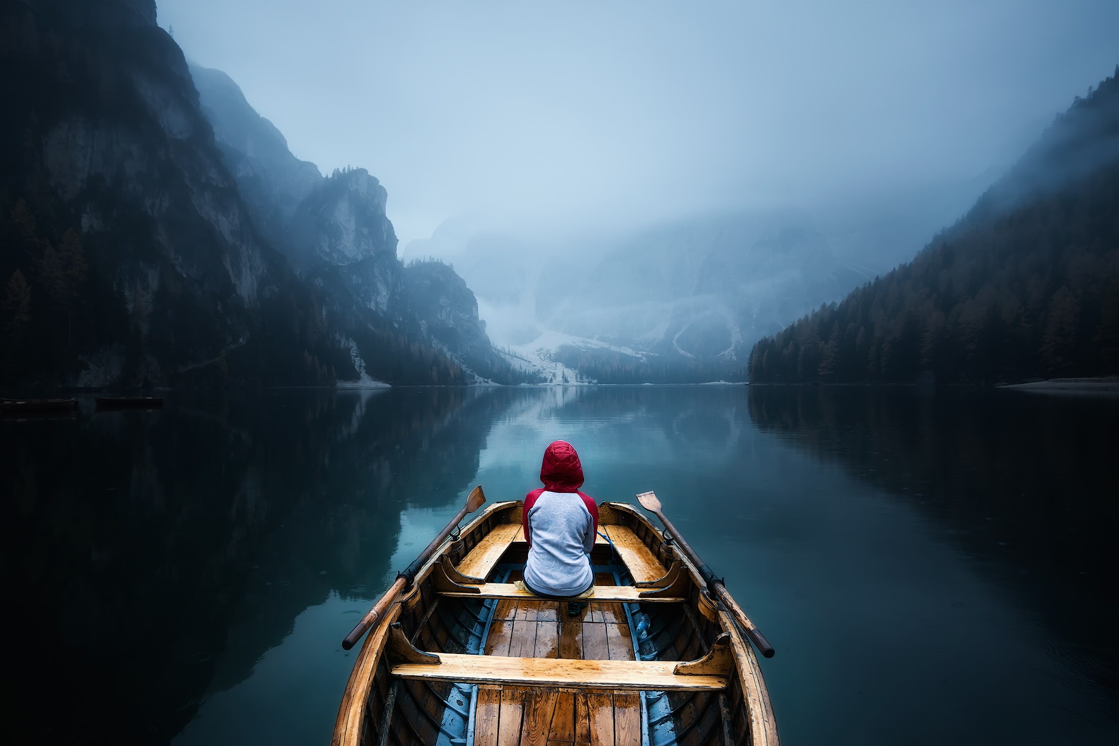 landscape, mountains, jacket, 1080P, lake, trees, sitting, people, nature, hoods, rowboat, rain, reflection, Stepan Zubkov, outdoors, boat, HD Wallpaper