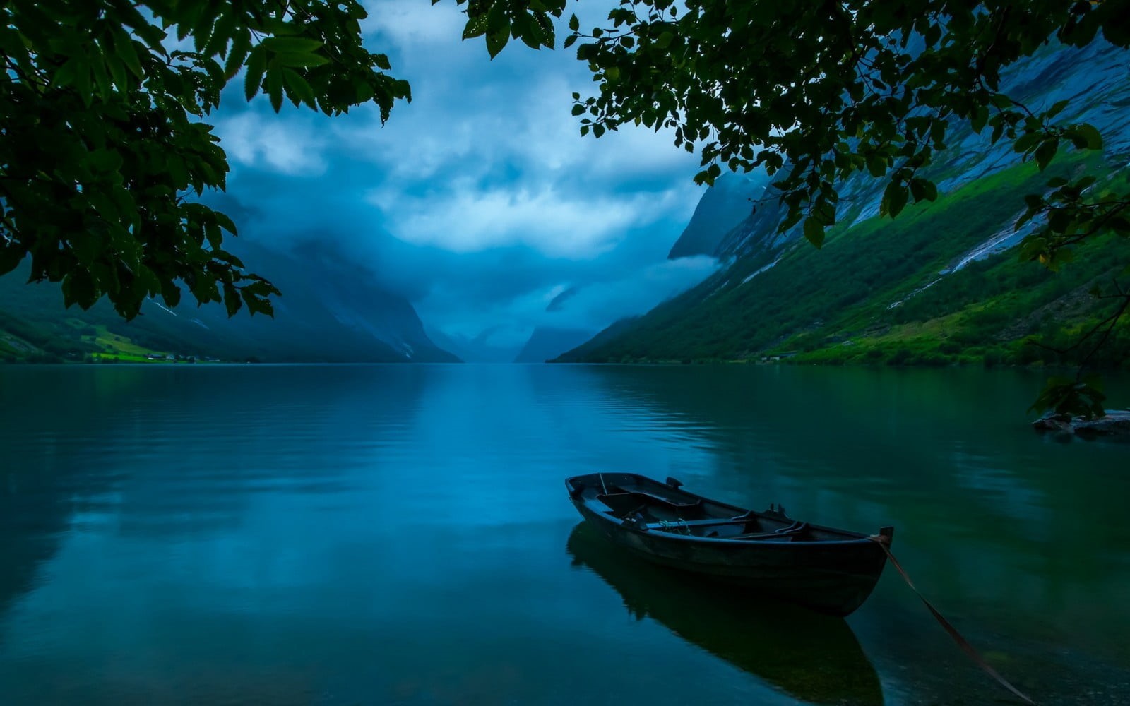 no people, reflection, mode of transportation, boat, trees, sky, scenics - nature, tranquility, lake, beauty in nature, blue, landscape, grey, nature, clouds, HD Wallpaper