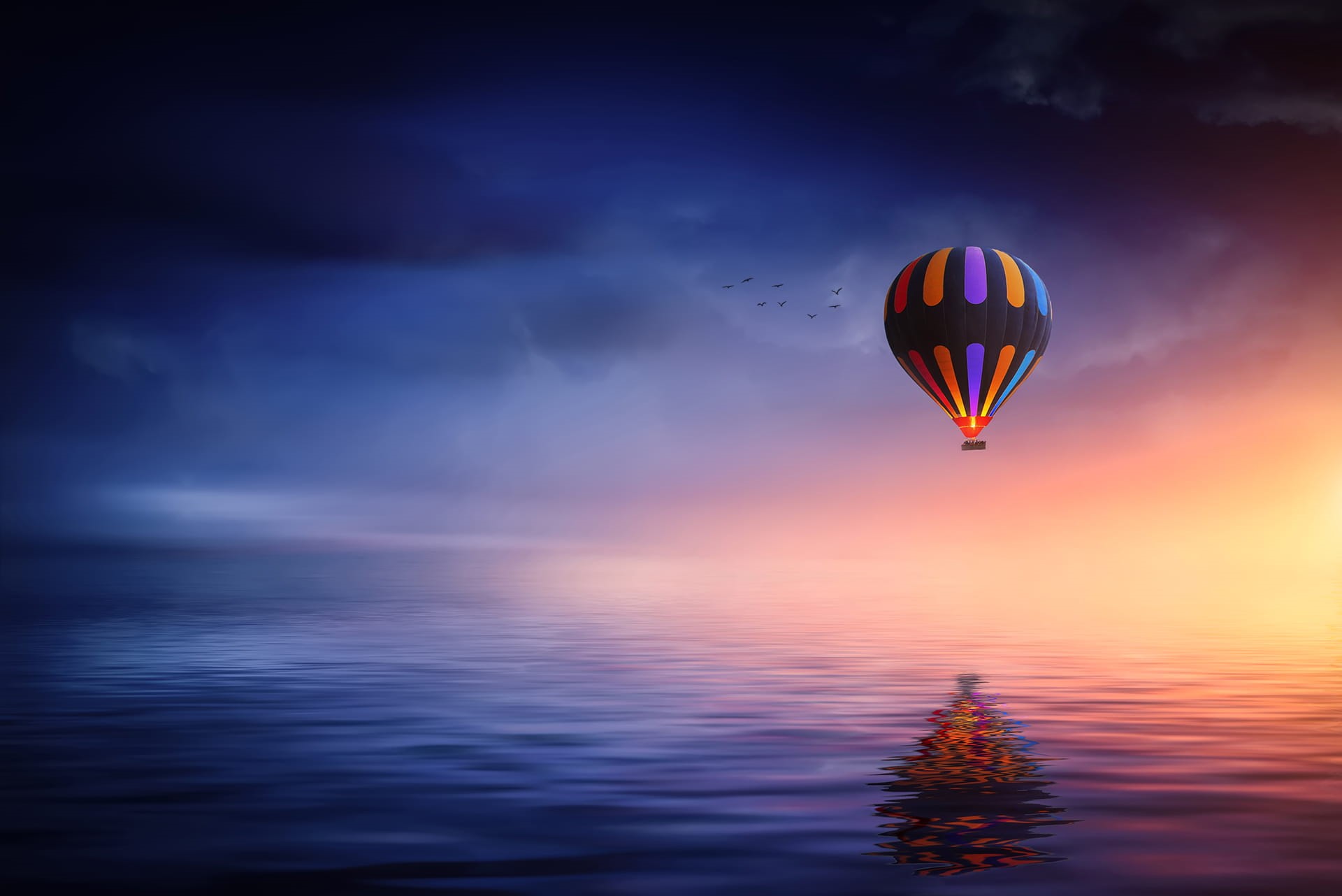 colorful, outdoors, balloon, scenics - nature, sea, beauty in nature, no people, freedom, light reflections, cloud - sky, air, landscape, dark, air vehicle, HD Wallpaper