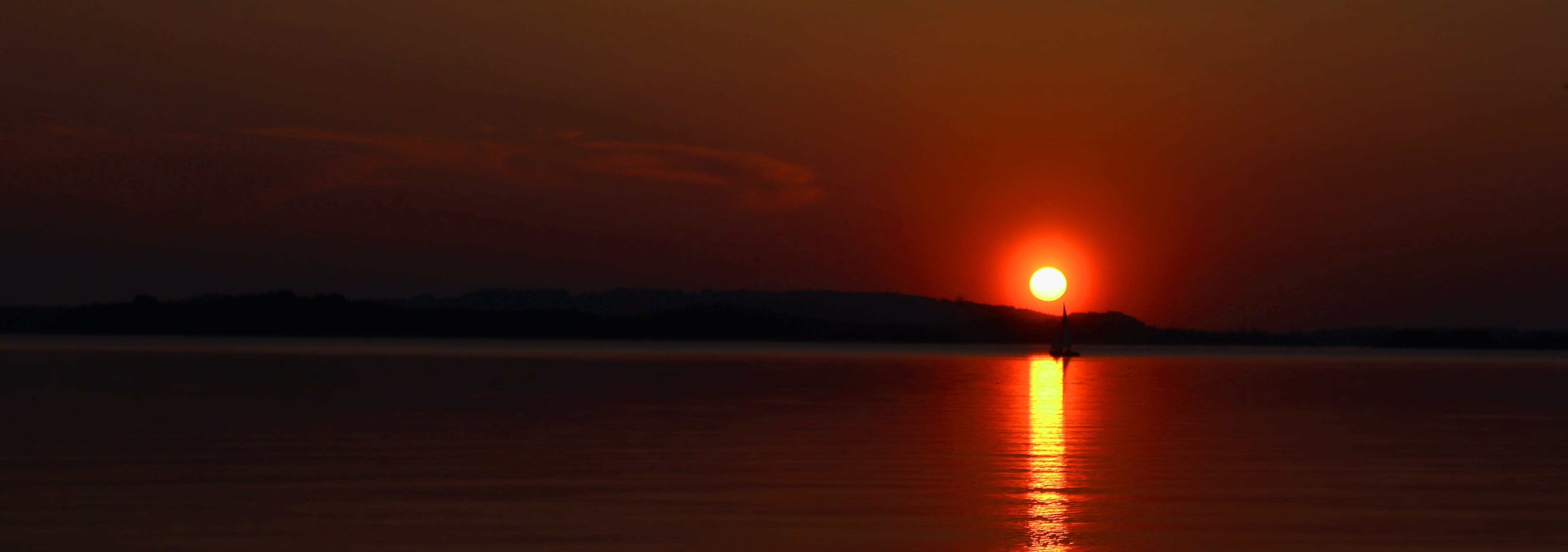 sea, travel destinations, 4K, water, beauty In Nature, cloud - sky, summer, no people, scenics, chiemgau, outdoors, sun, Sunset, sky, orange Color, beach bar, HD Wallpaper