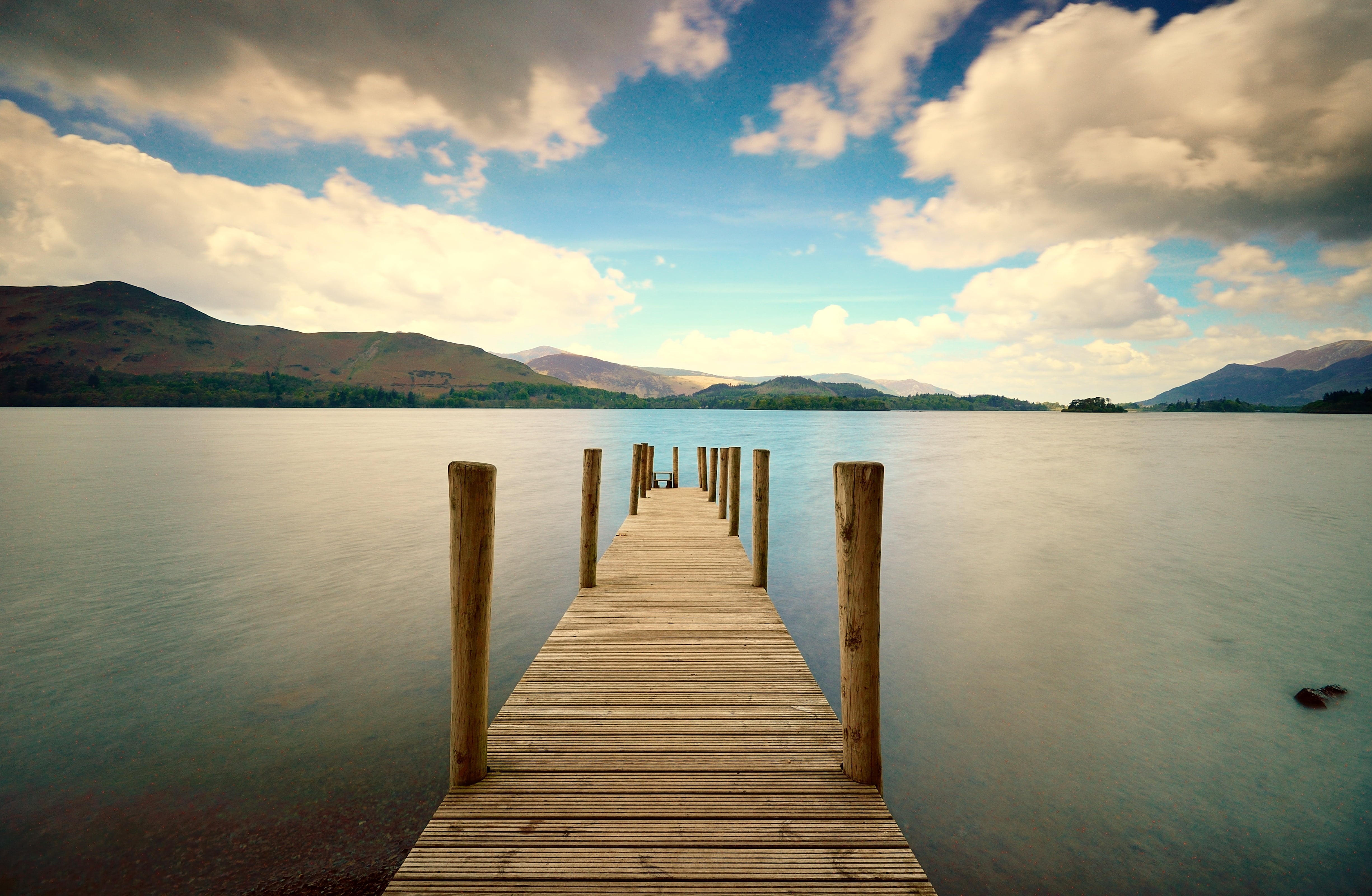 wooden post, sea, reflection, dusk, beauty In Nature, blue, wood, lake Chiemsee, tranquility, plank, distance, island, sky, boardwalk, water, mountain range, HD Wallpaper