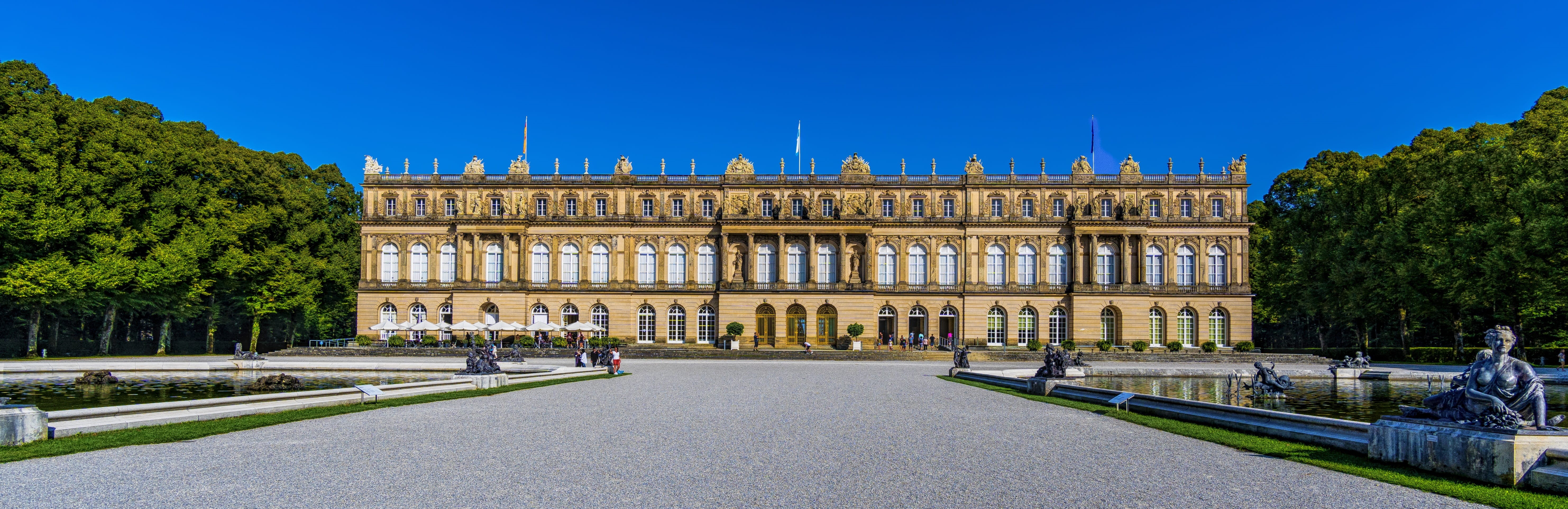 facade, landscape, castle, cityscape, old, 5K, upper bavaria, panoramic, no people, tree, sky, chiemsee, government, nature, bavaria, plant, building, HD Wallpaper