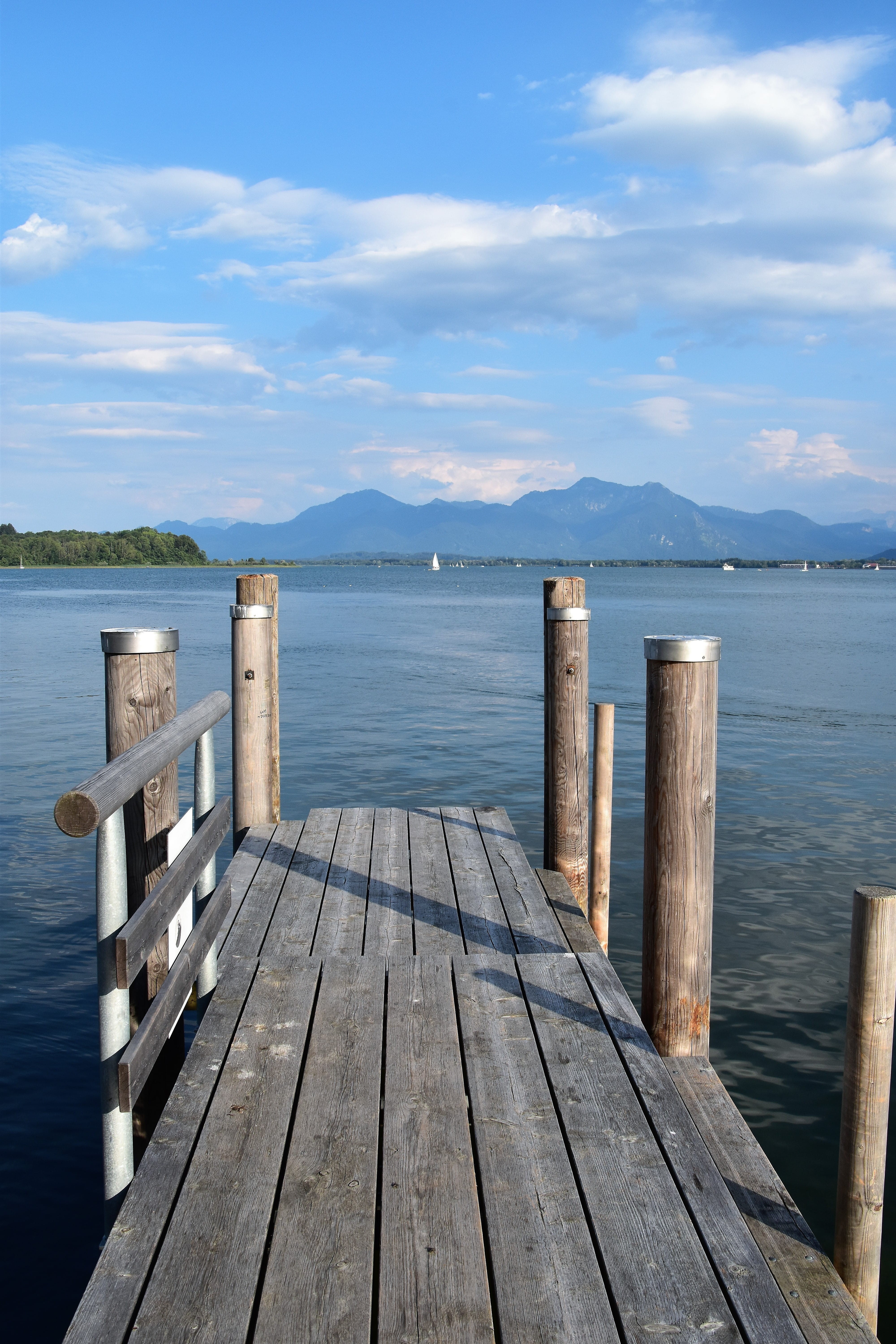 bridge, tranquil scene, prien chiemsee, structure, summer, texture, direction, dock, wood, cloud - sky, building, lake, outdoors, germany, post, water, Phone HD Wallpaper