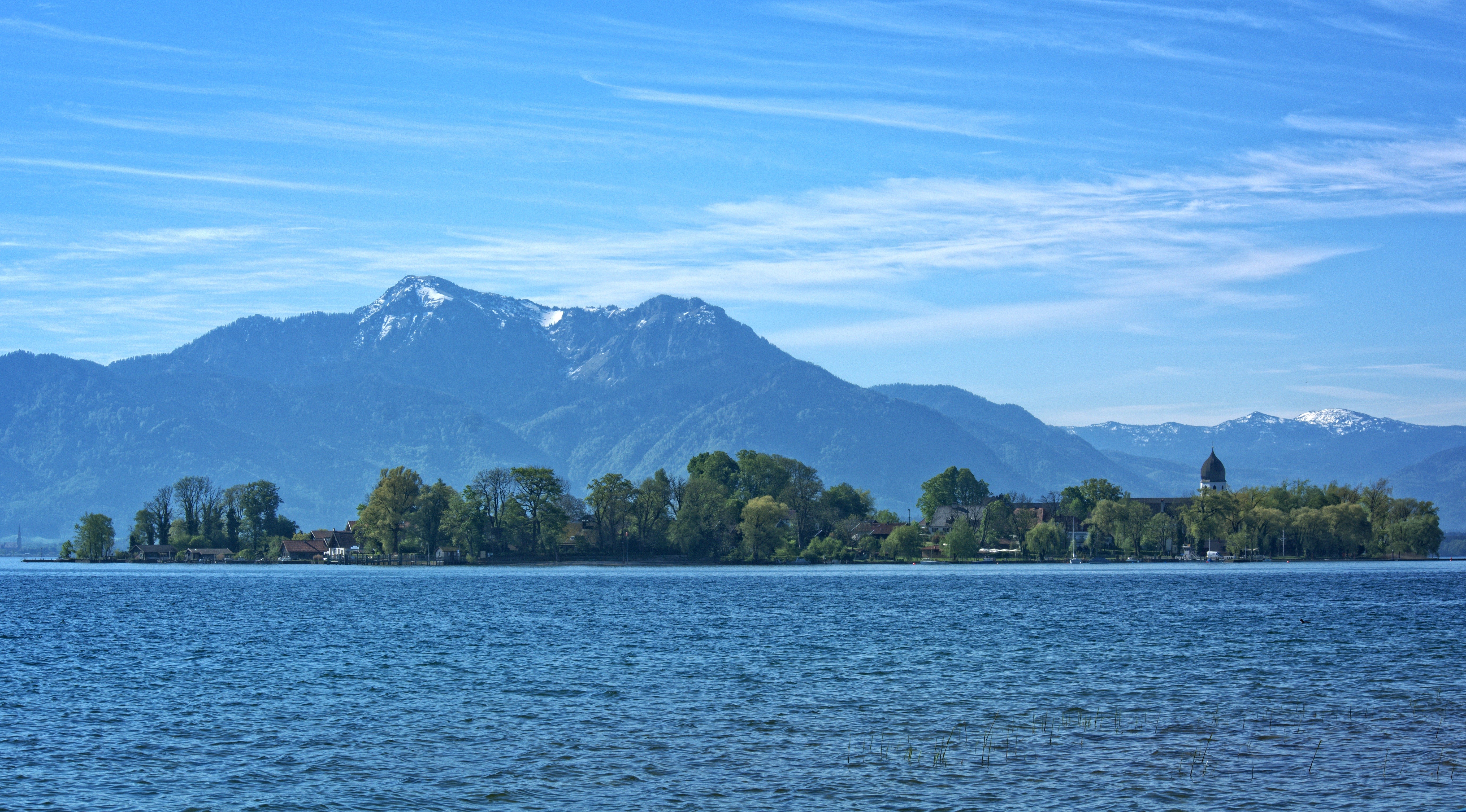 nature, waterfront, mountains, mountain peak, ladies island, water, view, bavaria, lake, cloud - sky, plant, holiday, recovery, idyllic, 5K, day, mountain range, HD Wallpaper