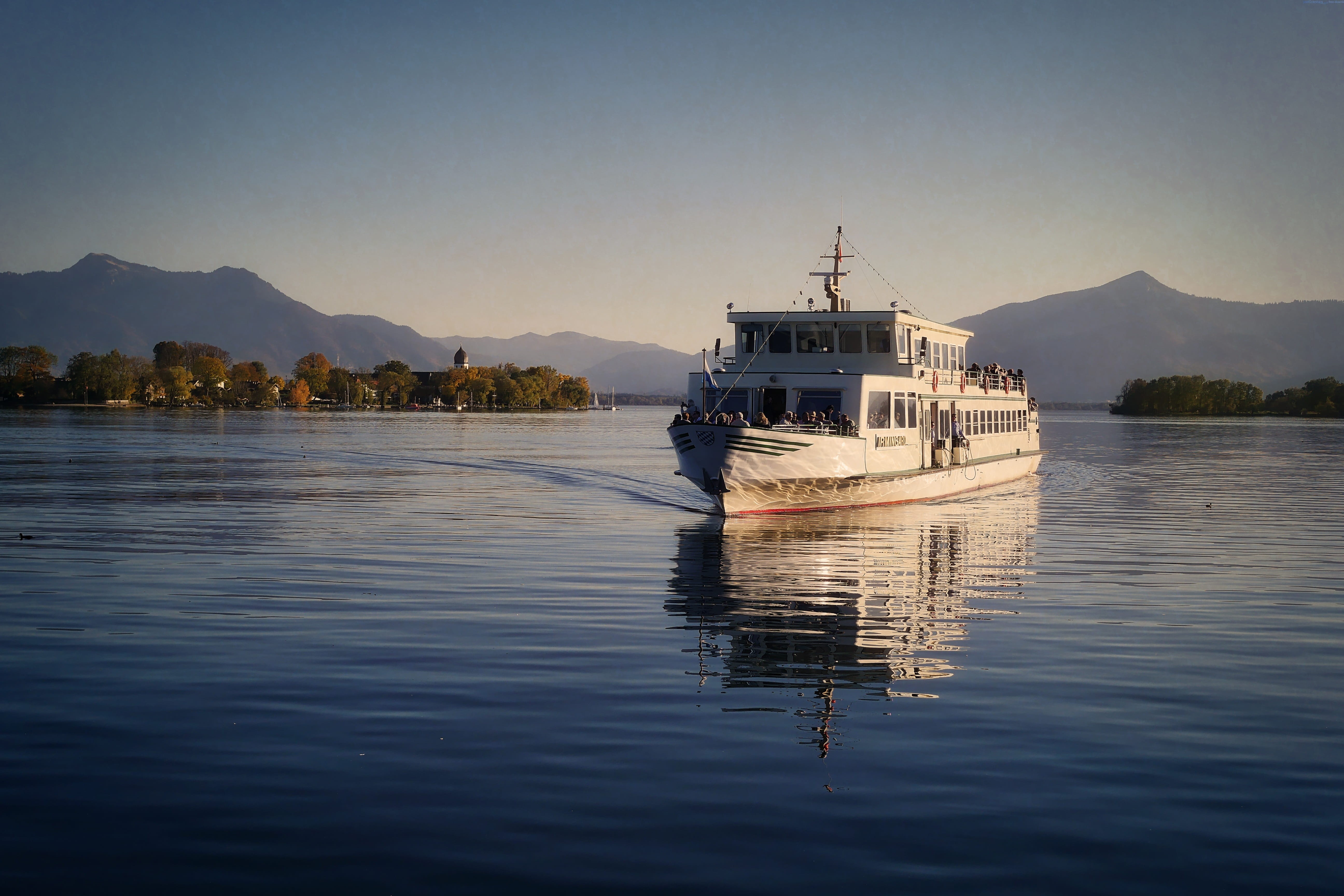 mountain, sea, transportation, sky, craft, passenger craft, reflection, lake, nautical vessel, 5K, tranquil scene, mode of transportation, chiemsee, sailing, HD Wallpaper