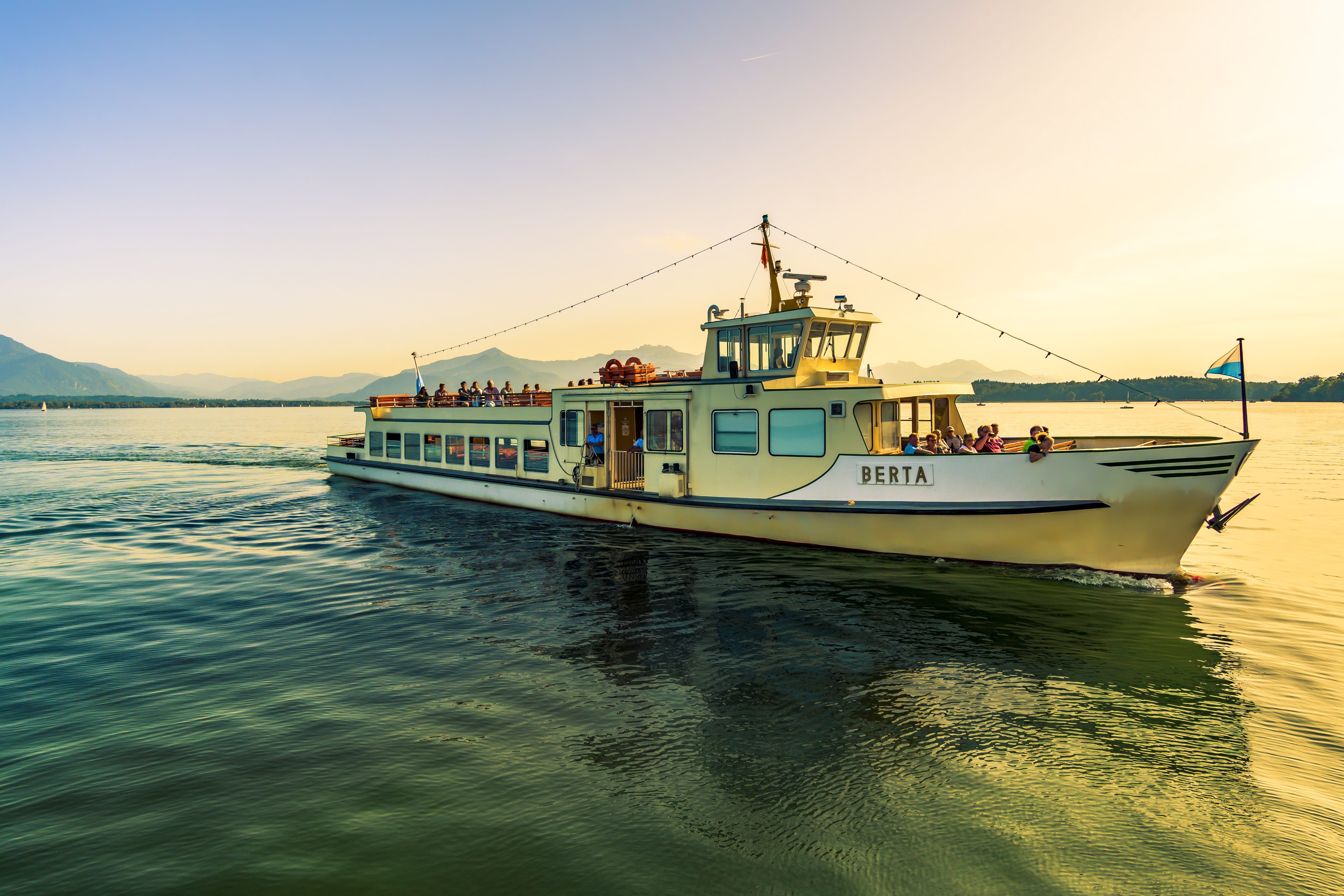 lake, passenger craft, boat, sea, luxury, water, outdoors, chiemgau, sail, journey, sunset, craft, motion, travel destinations, Chiemsee, Bavaria, beauty in nature, HD Wallpaper