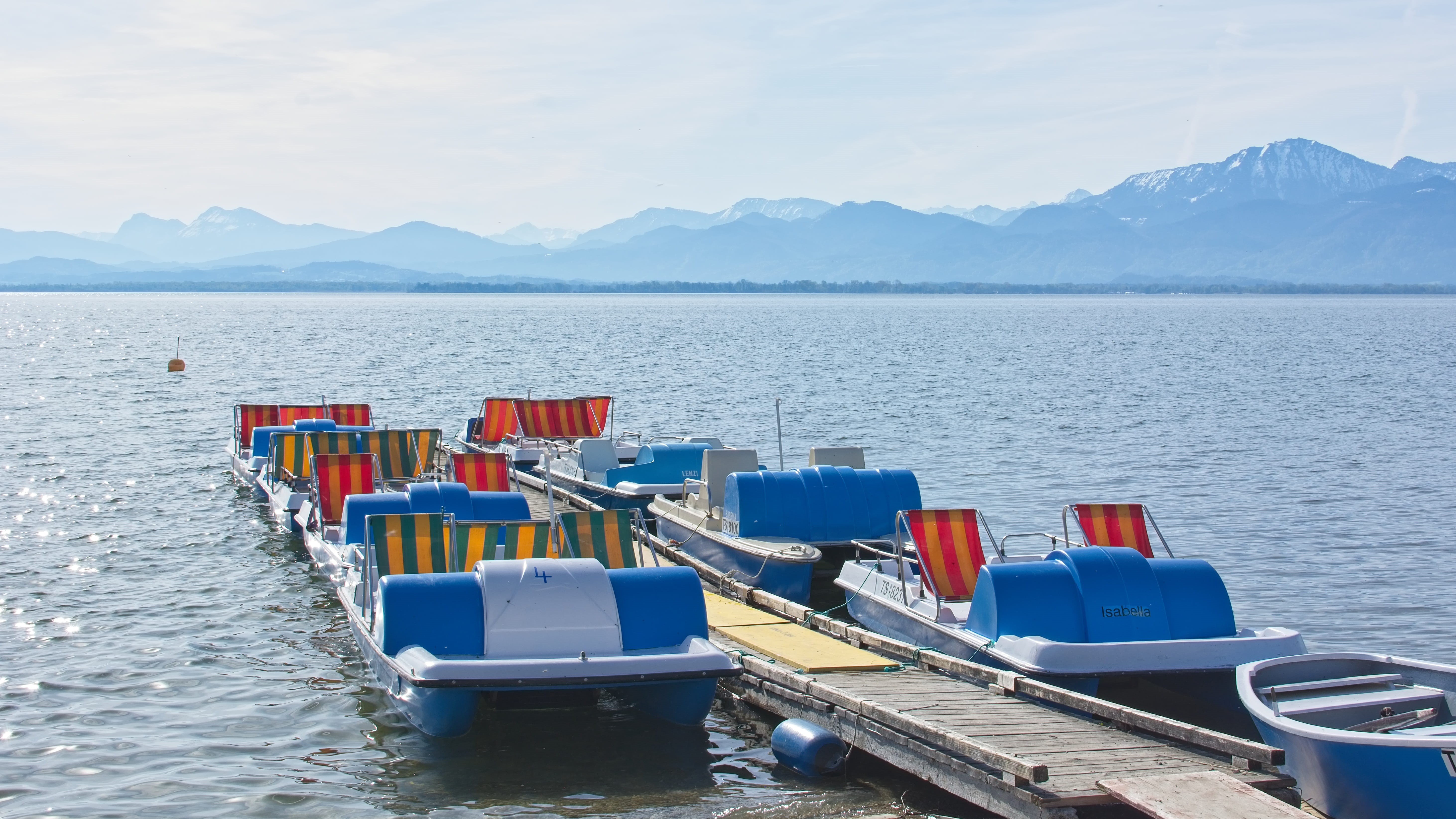 nautical vessel, mountain, nature, mood, transportation, scenics - nature, beauty in nature, 5K, chiemsee, pedal boats, no people, lake, outdoors, mountain range, HD Wallpaper