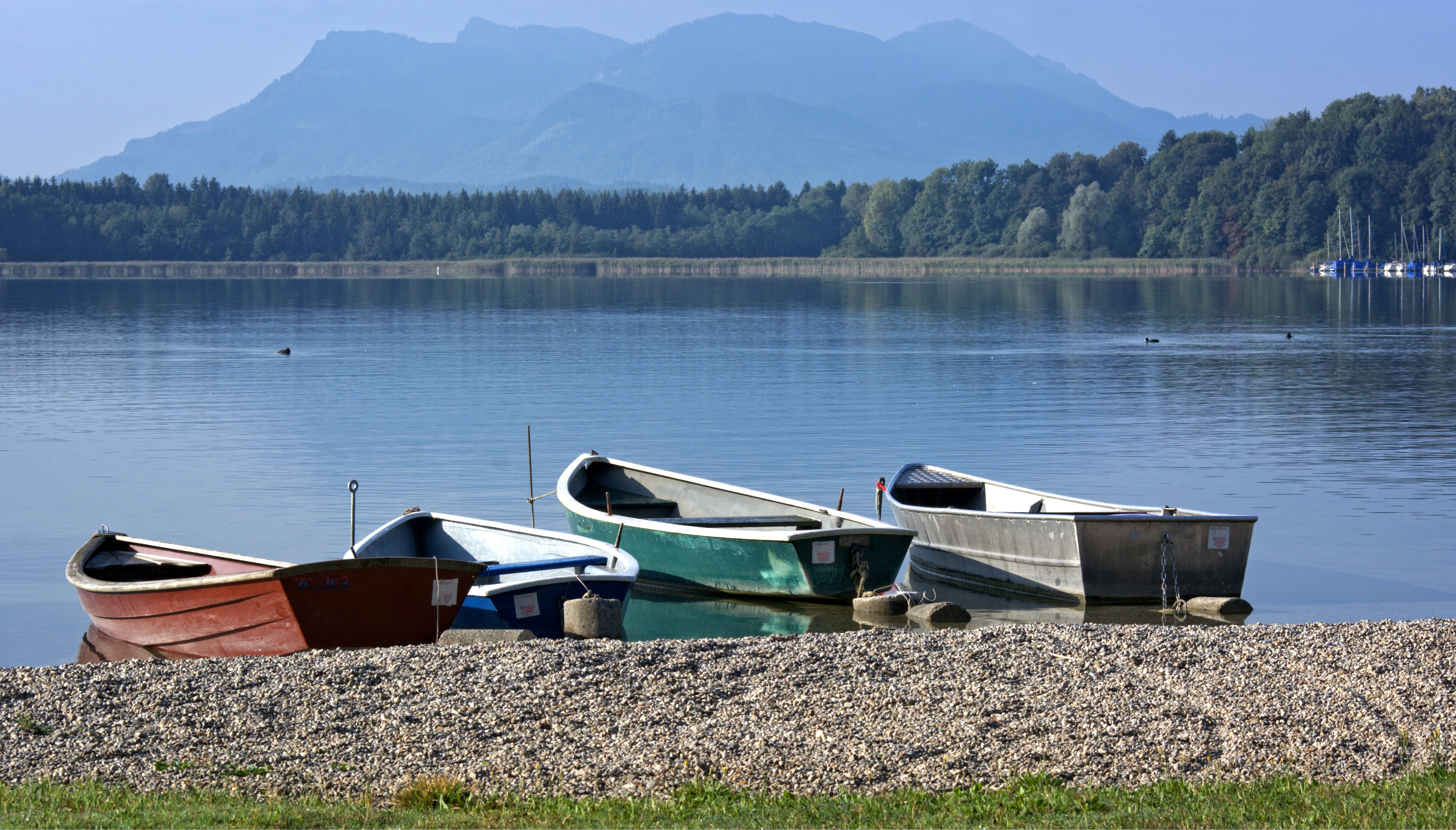 scenic, nature, landscape, outdoors, chiemsee, lakeshore, chiemgau, mountains, bavaria, rowboat, beach, beauty in nature, holiday, nautical vessel, waters, HD Wallpaper