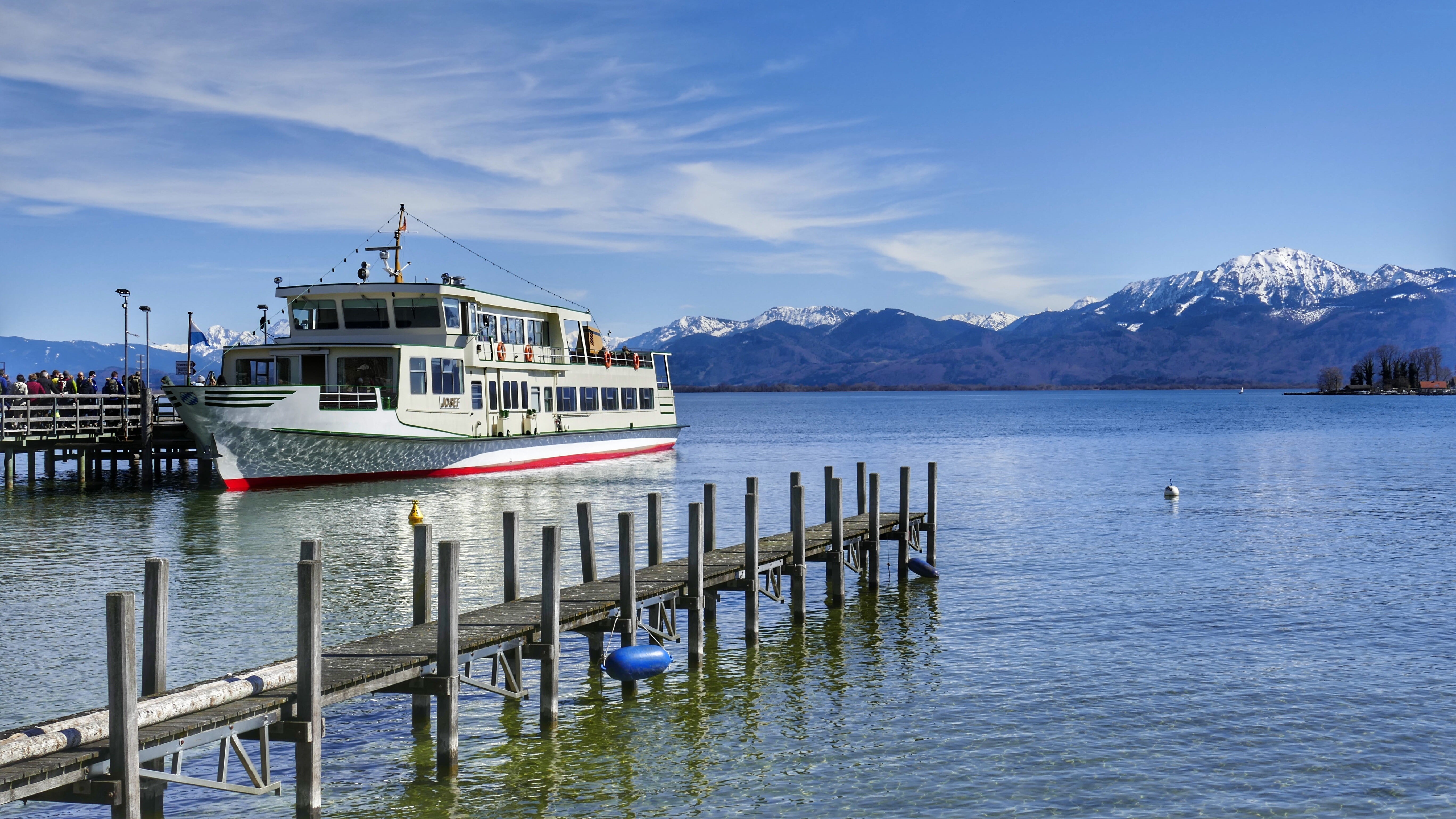 reflection, chiemsee, lake, day, bavaria, no people, my ship, passenger craft, landscape, tree, boat, mode of transportation, ladies island, cloud - sky, HD Wallpaper