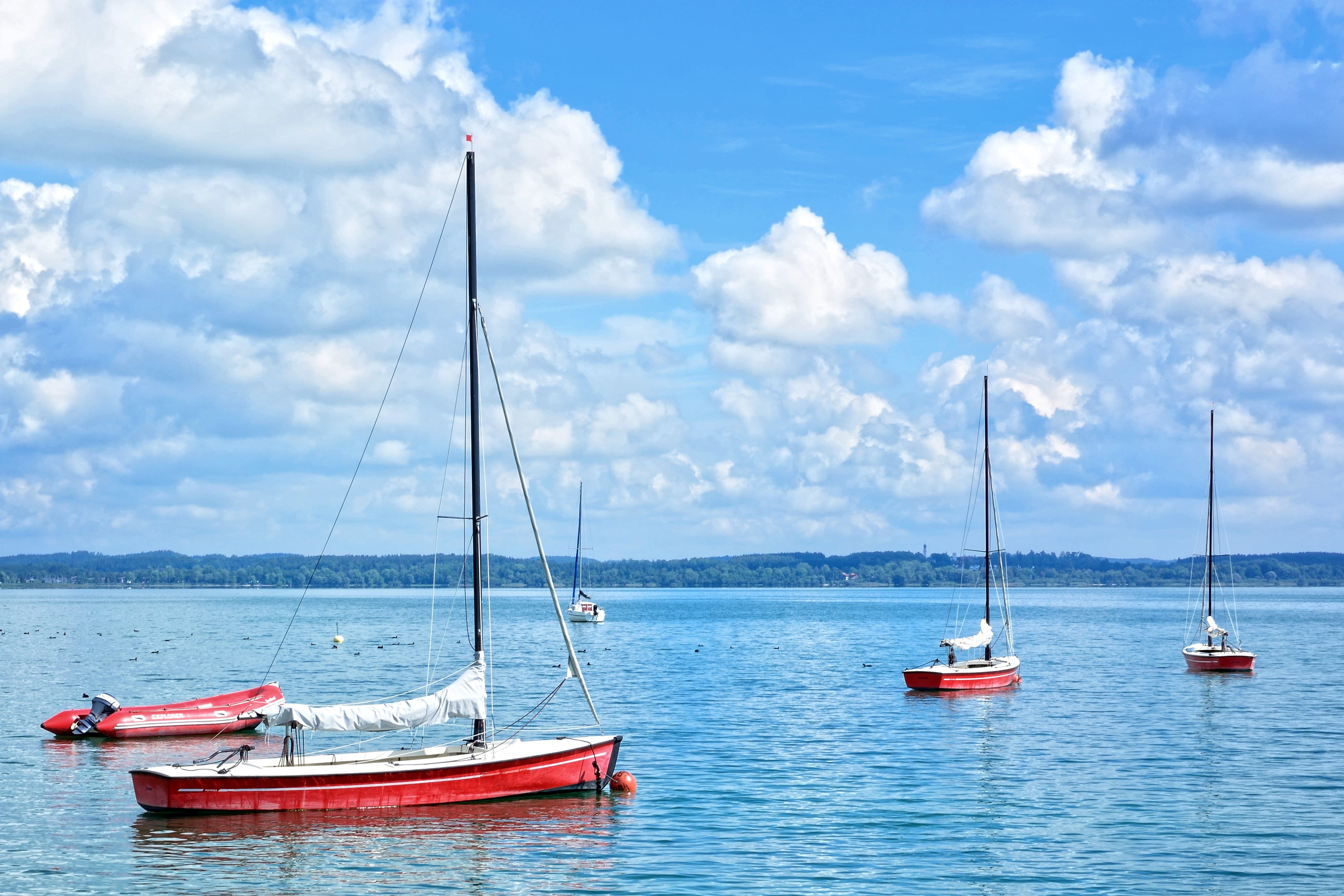 nautical vessel, cloud - sky, nature, lake, fishing boat, concerns, idyll, masts, still, blue, moored, sky, pole, clouds, anchored, sailing boats, chiemsee, HD Wallpaper