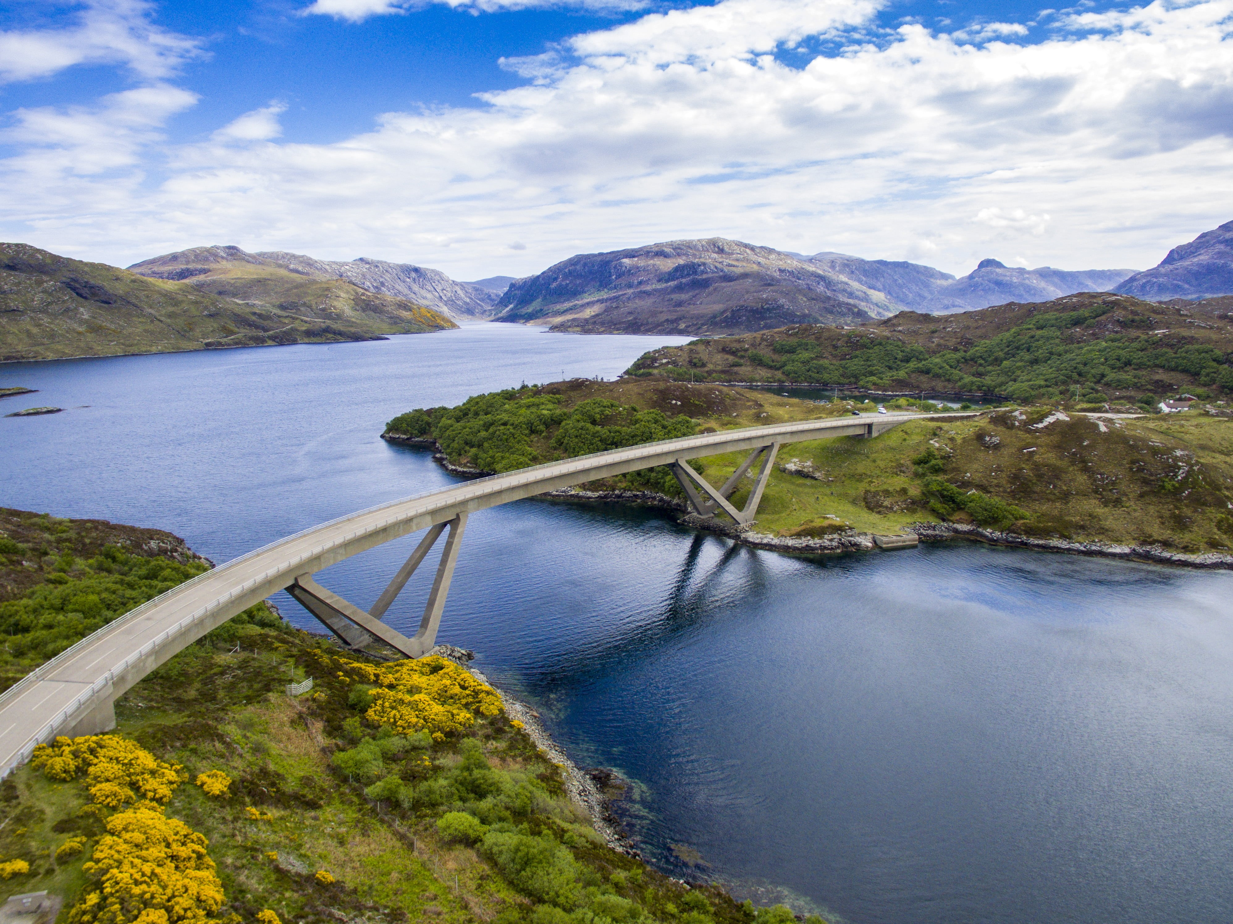 outdoors, areal, river, bridge - Man Made Structure, landscape, DJI  phantom, kylesku, North  Coast  500, Scotland, 4K, Kylesku Bridge, scenics, waterbridge, HD Wallpaper