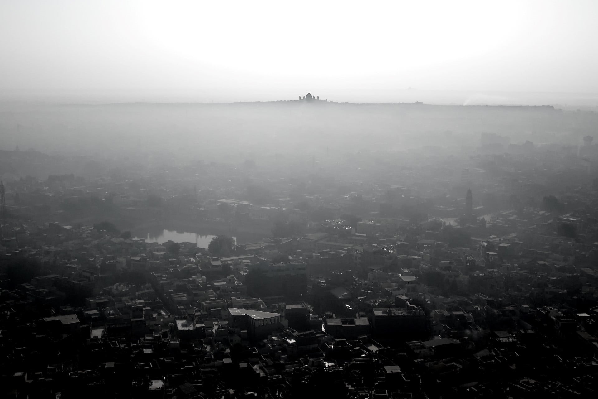 residential district, cityscape, outdoors, areal, village, photo, townscape, day, nature, 1080P, built structure, high angle view, water, fog, monochrome, HD Wallpaper