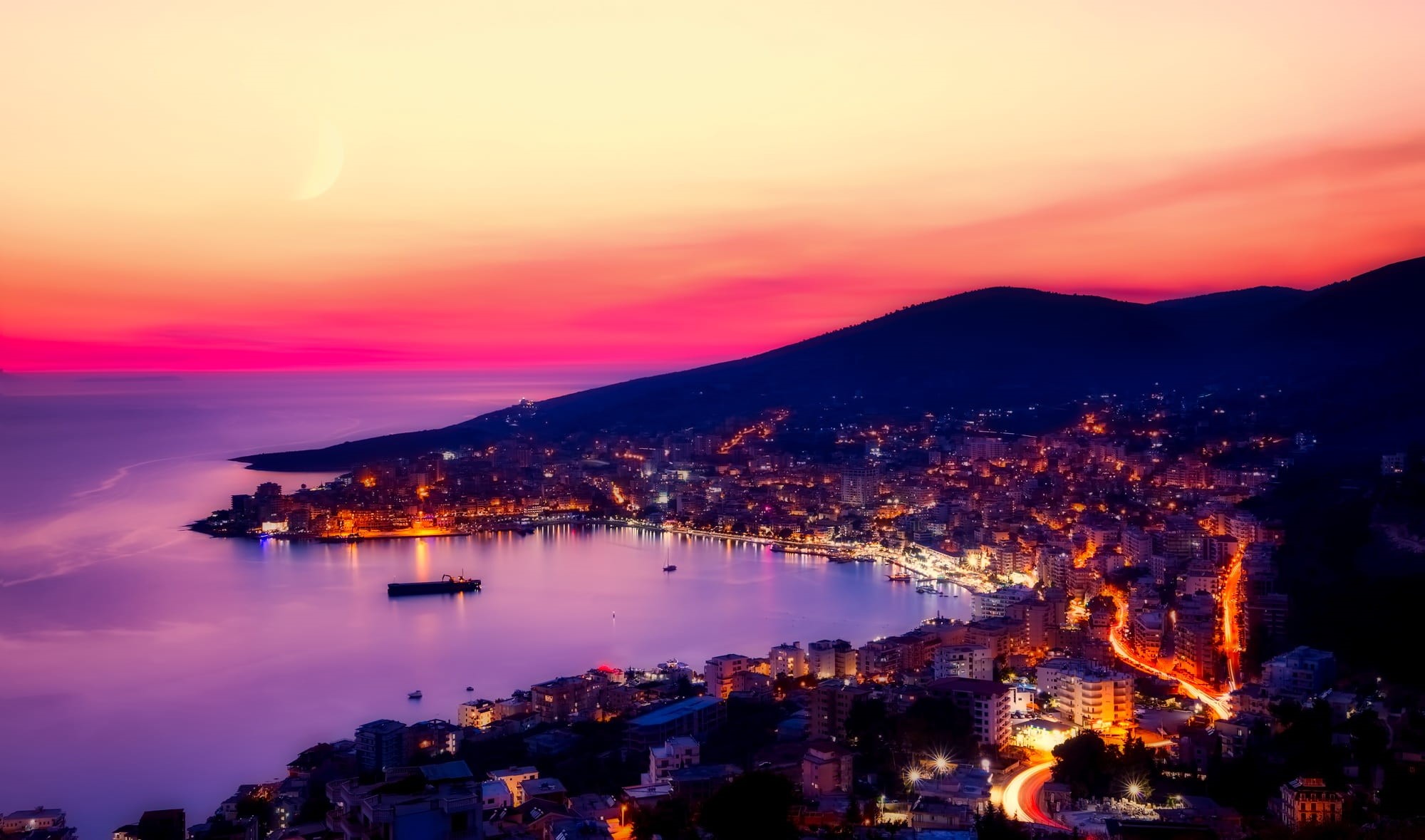 areal, photography, lights, golden, sarande, body, built structure, purple, silhouettes, harbor, scenics - nature, travel destinations, sky, building exterior, HD Wallpaper