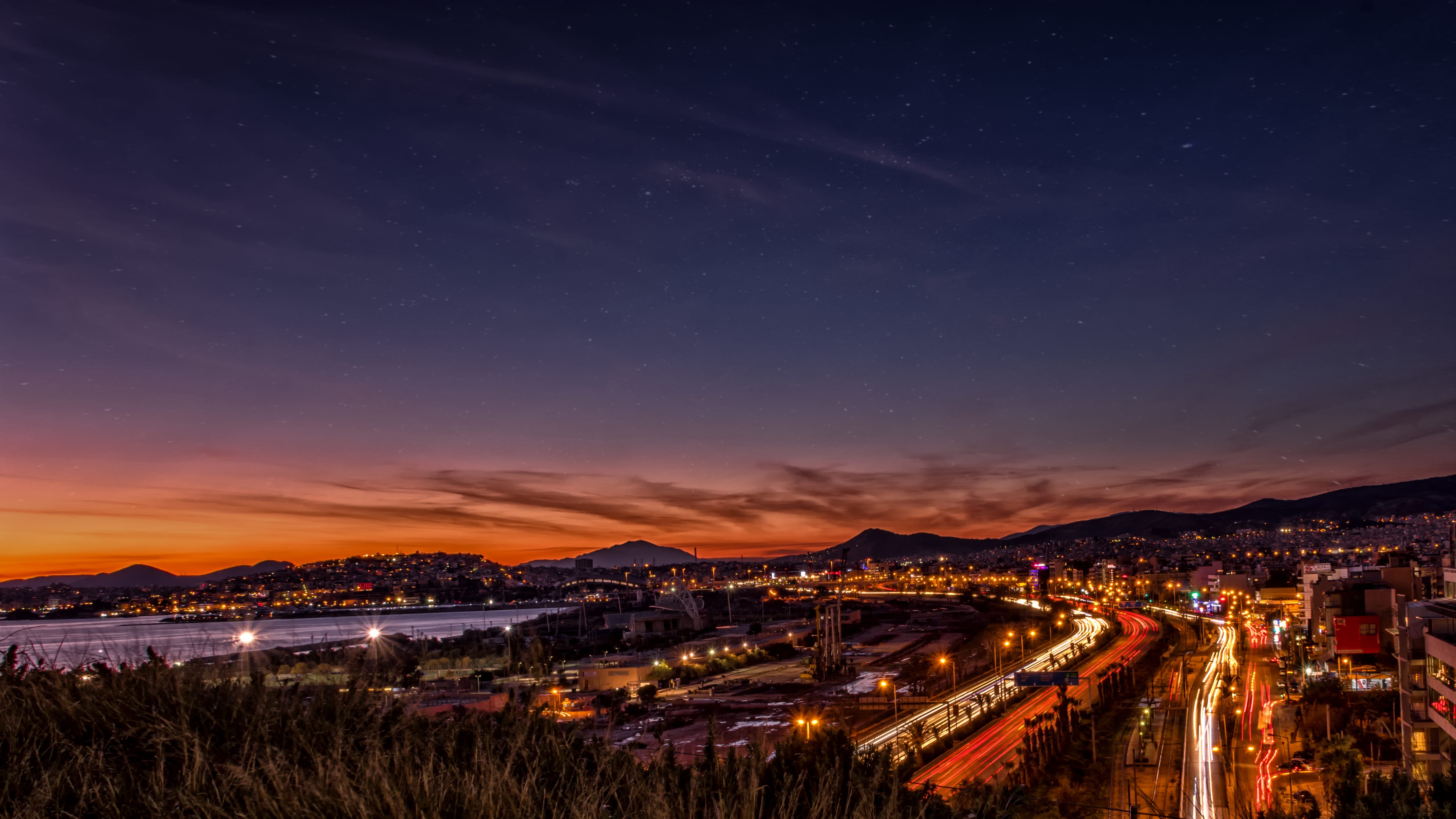 areal, graphy, city lights, golden hour, time lapse, traffic, light trails, astronomy, 4K, wide angle photography, sunset, evening, photo, city life, cloud - sky, HD Wallpaper