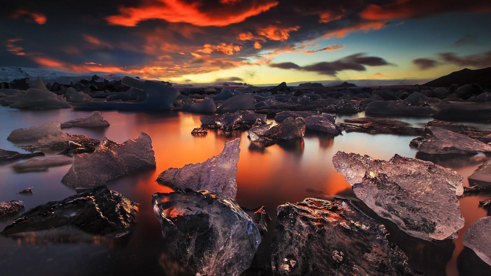outdoors, orange color, sky, rock - object, no people, lagoon, rock, glacier, sea, tranquil scene, scenics - nature, non-urban scene, 1080P, ice, reflection, HD Wallpaper
