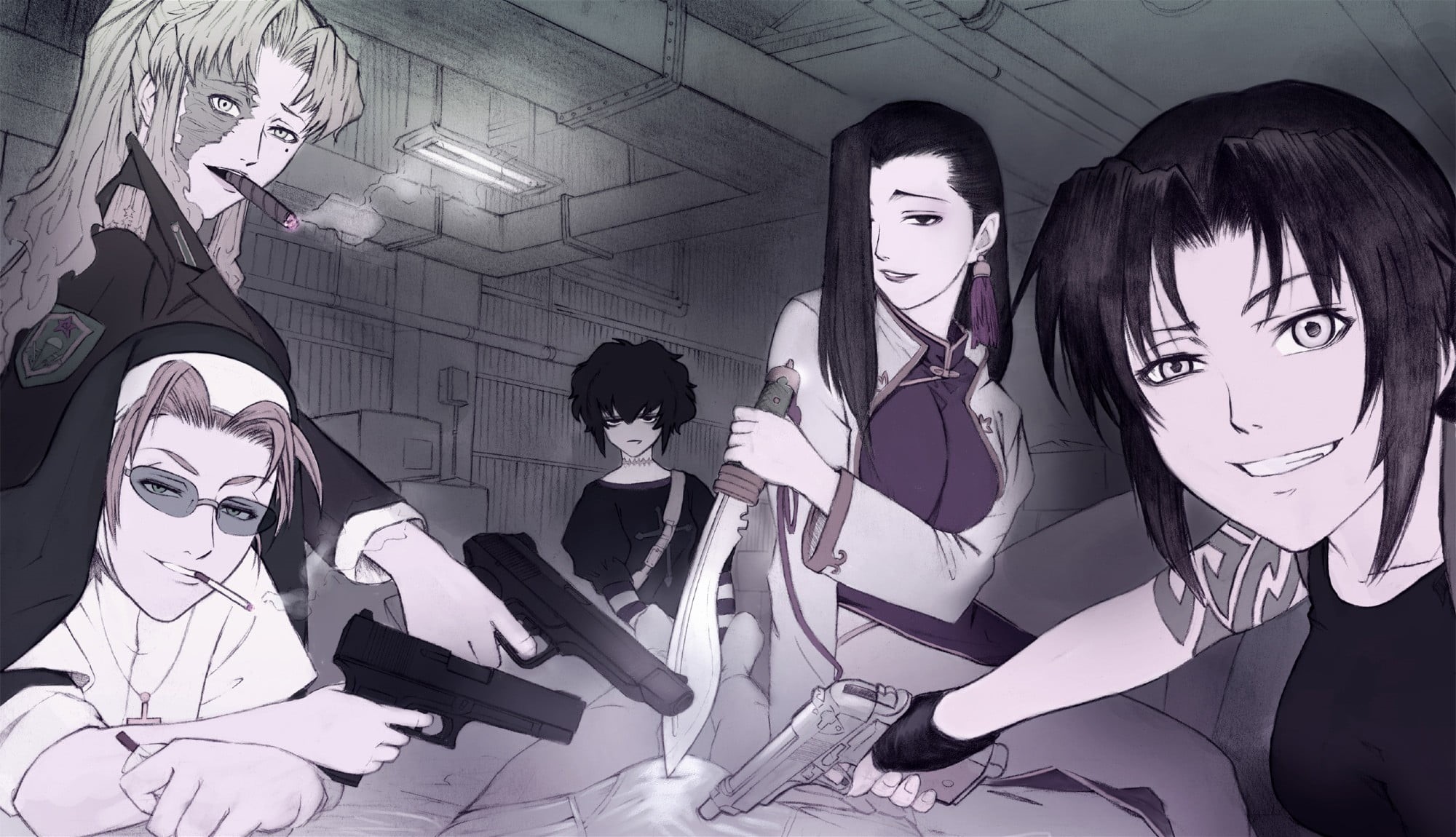 Black Lagoon, lifestyles, human representation, front view, sitting, illustration, group of people, 1080P, anime, young women, Shenhua, indoors, leisure activity, HD Wallpaper