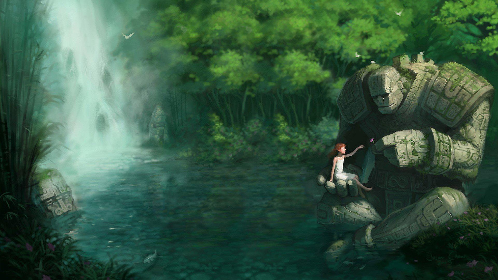 giant, landscape, lagoon, waterfall, 1080P, fantasy art, illustration, forest, children, golem, HD Wallpaper