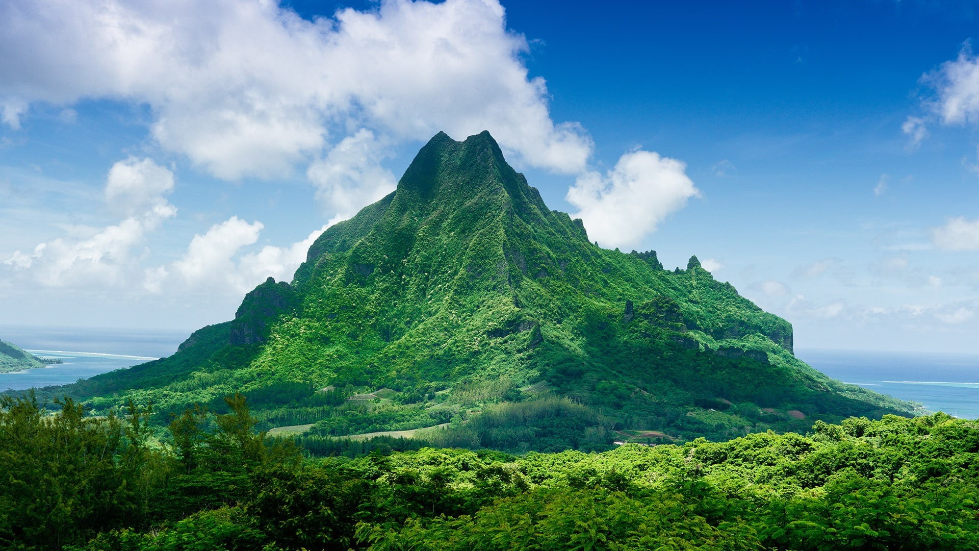 volcano, 1080P, clouds, French Polynesia, trees, nature, landscape, forest, Mount Rotui, mountains, HD Wallpaper