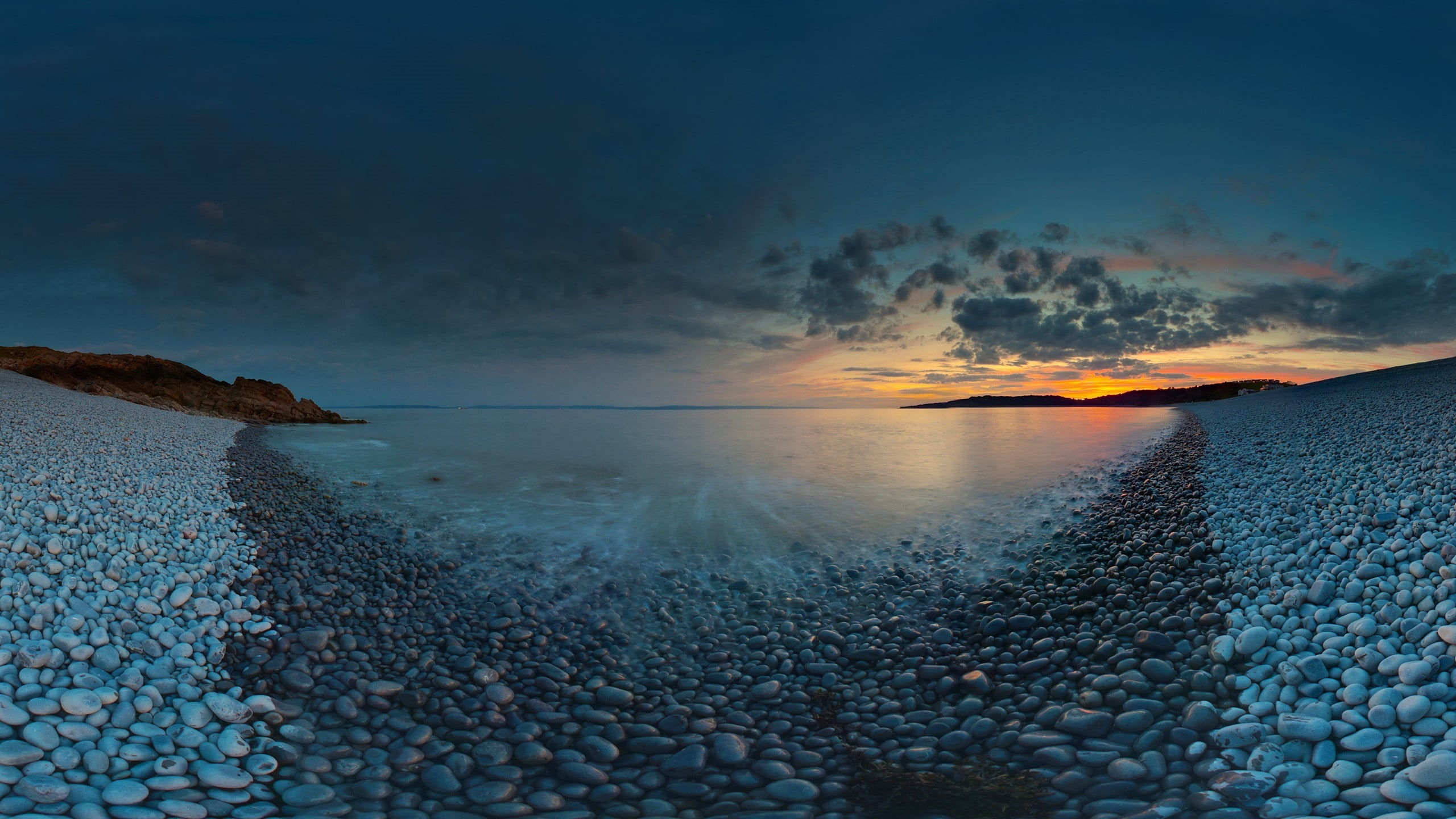 nature, beach, land, tranquility, sky, no people, sunset, tranquil scene, pebble, solid, scenics - nature, stone, body, 2K, idyllic, water, outdoors, sea, HD Wallpaper