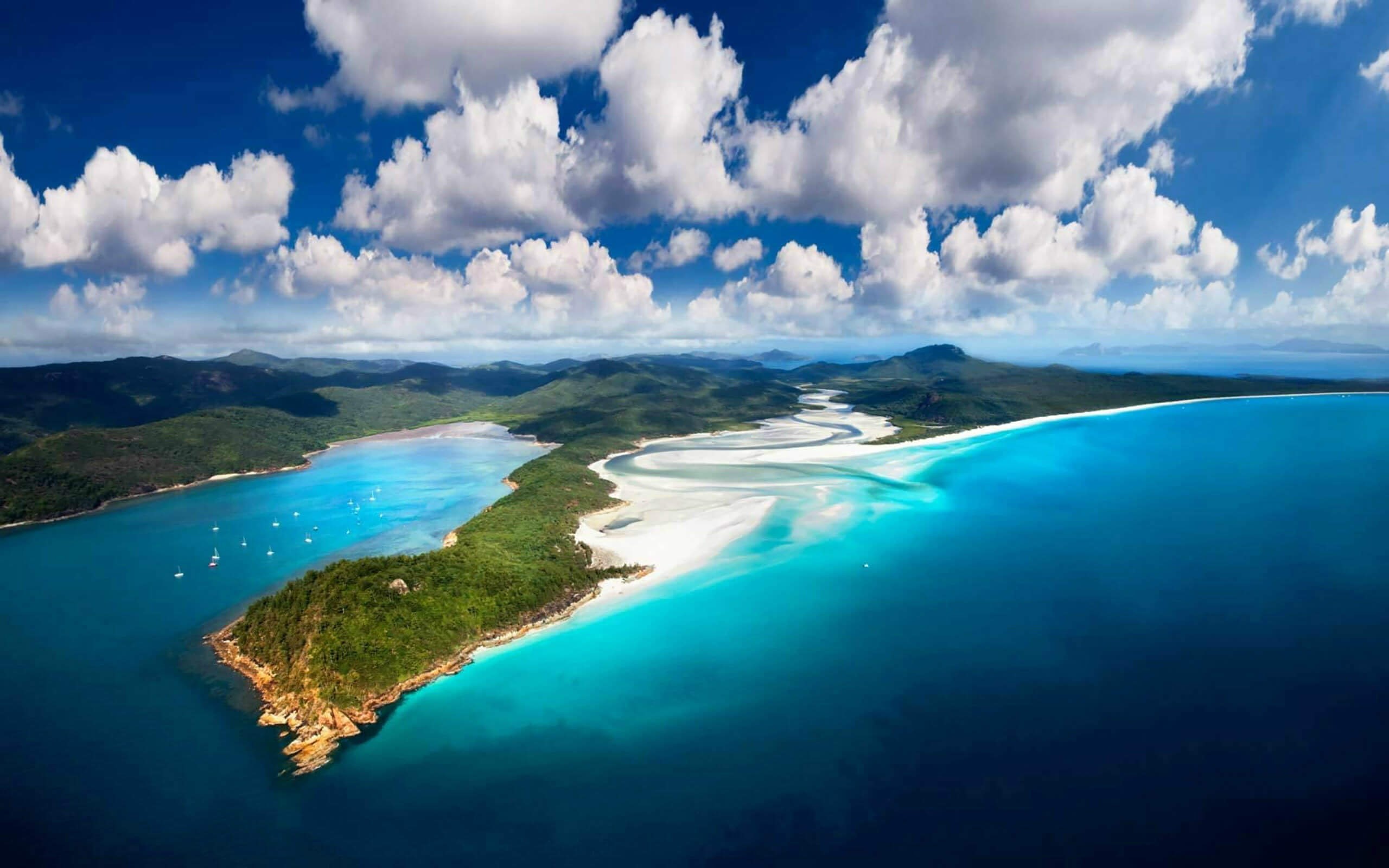 sea, islands, 2K, clouds, hd, australia, green, white, island, sky, desktop, whitsunday, HD Wallpaper