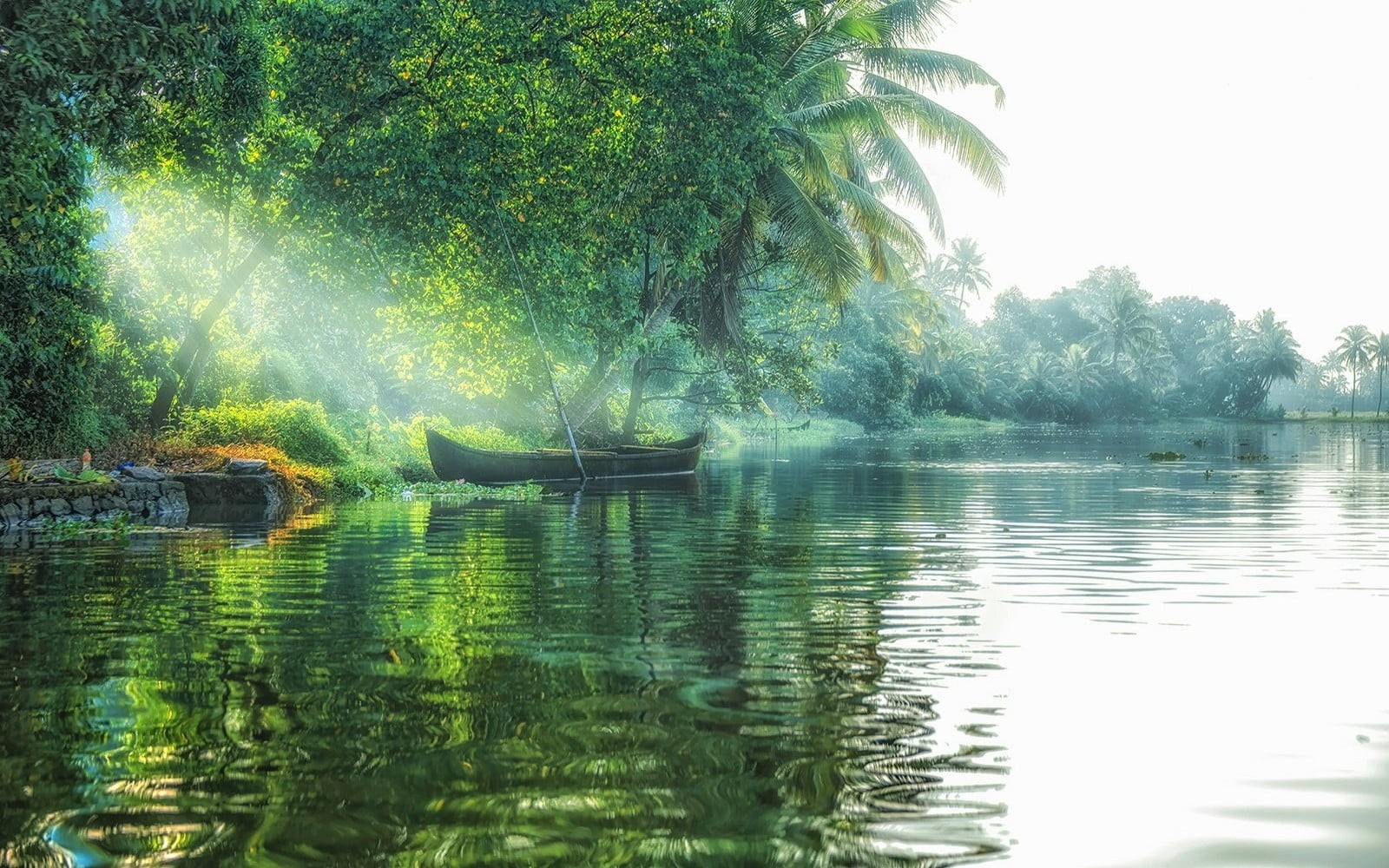 tranquility, tree, reflection, sky, tropical, water, boat, green, 720P, landscape, nautical vessel, scenics - nature, sun rays, tranquil scene, near, no people, HD Wallpaper