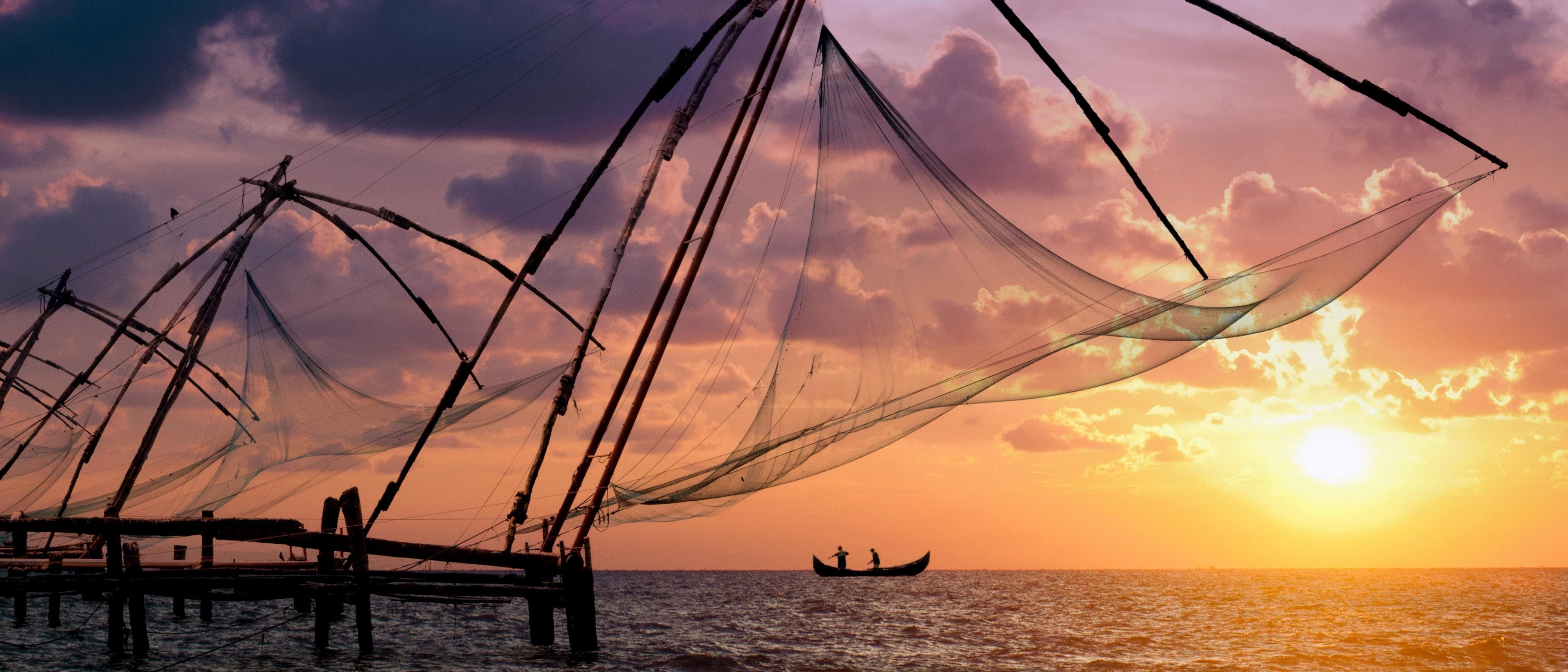 ship, channels, nets, chinese, kerala, city, kochi, back, blues, water, sunset, (1), 4K, beach, skyscraper, lagoons, HD Wallpaper