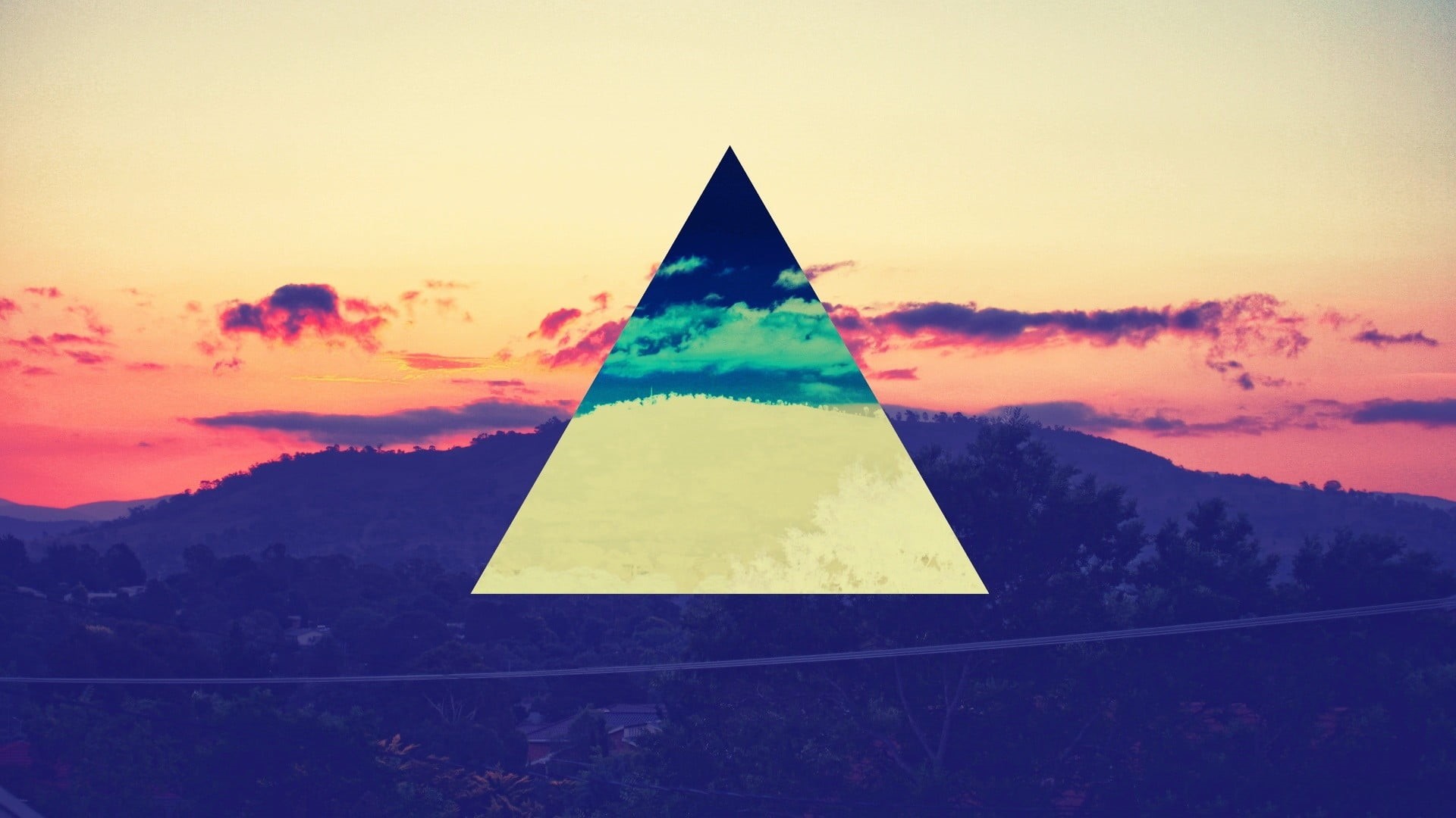 sky, scenics - nature, clouds, sunset, multi colored, polyscape, plant, symbol, built structure, triangle, travel, abstract, journey, trees, digital art, HD Wallpaper