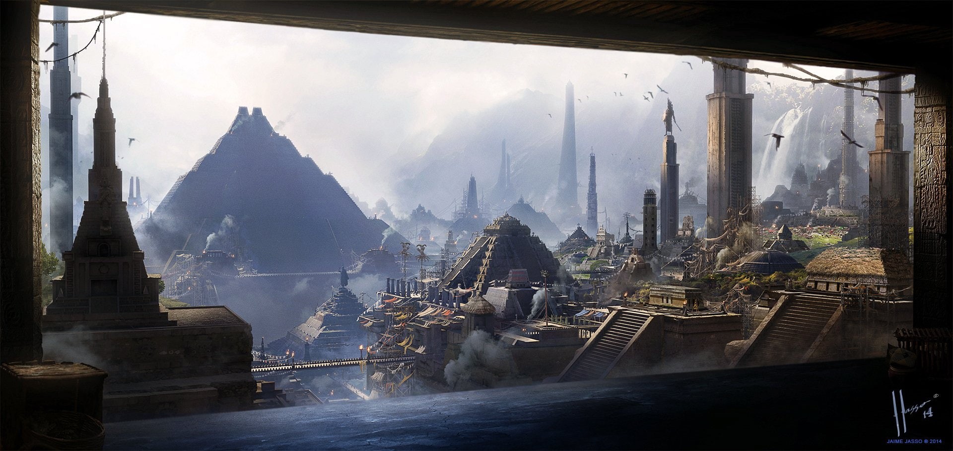 Huey Altepetl, Fantasy, Waterfall, Mountain, Pyramid, Aztec, 1080P, Mesoamerica, City, Empire City, HD Wallpaper