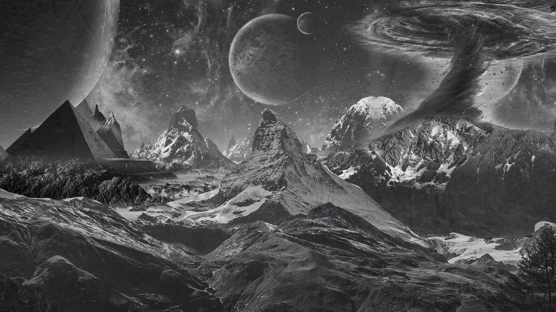 landscape, 1080P, nature, monochrome, digital art, Matterhorn, space, mountains, pyramid, surreal, space art, HD Wallpaper
