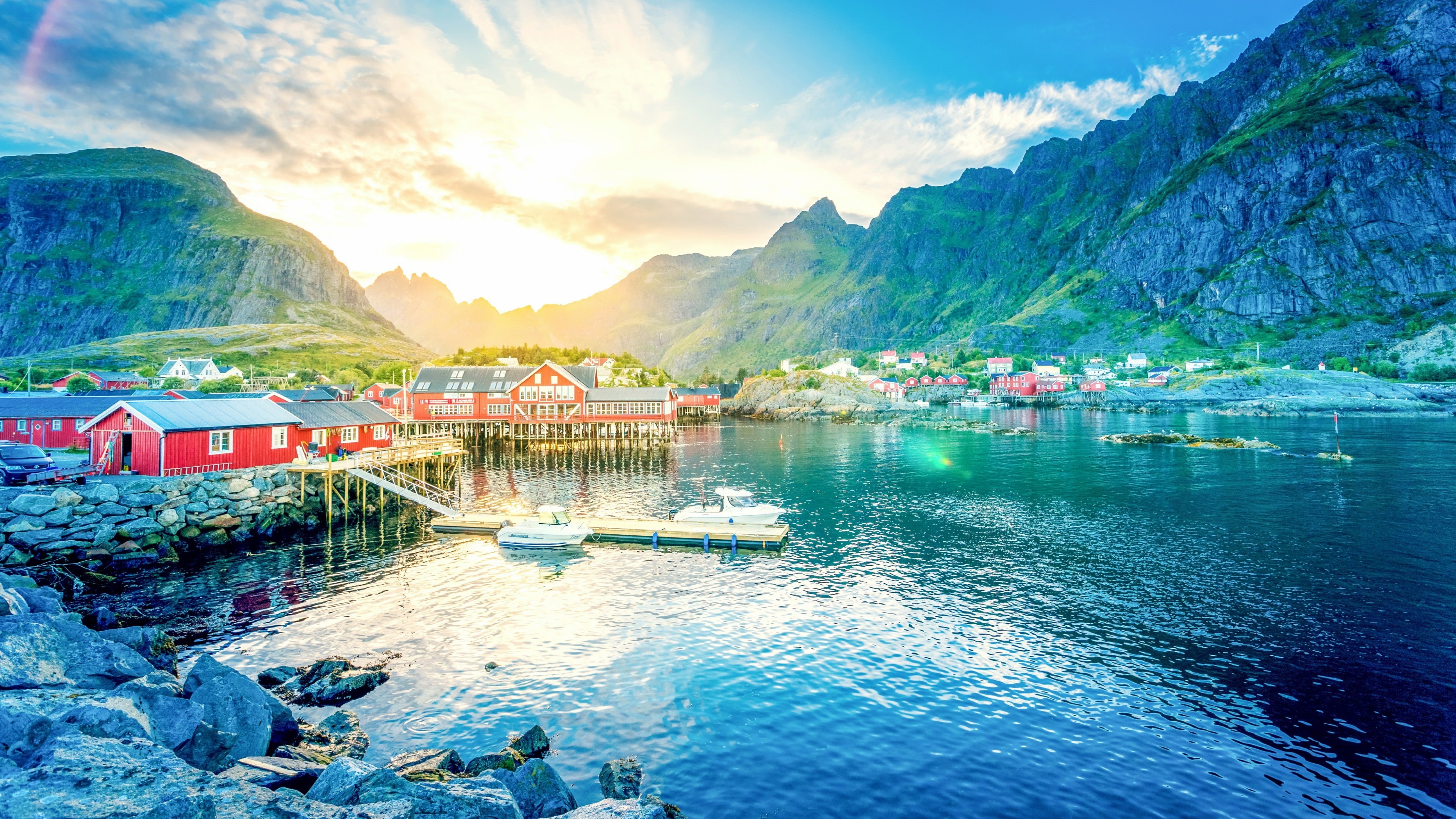 coast, rorbuer, rorbu, red houses, nature, fjord, mountain, tourist attraction, bay, lofoten, europe, fishing village, village, 4K, water, norway, tourism, HD Wallpaper