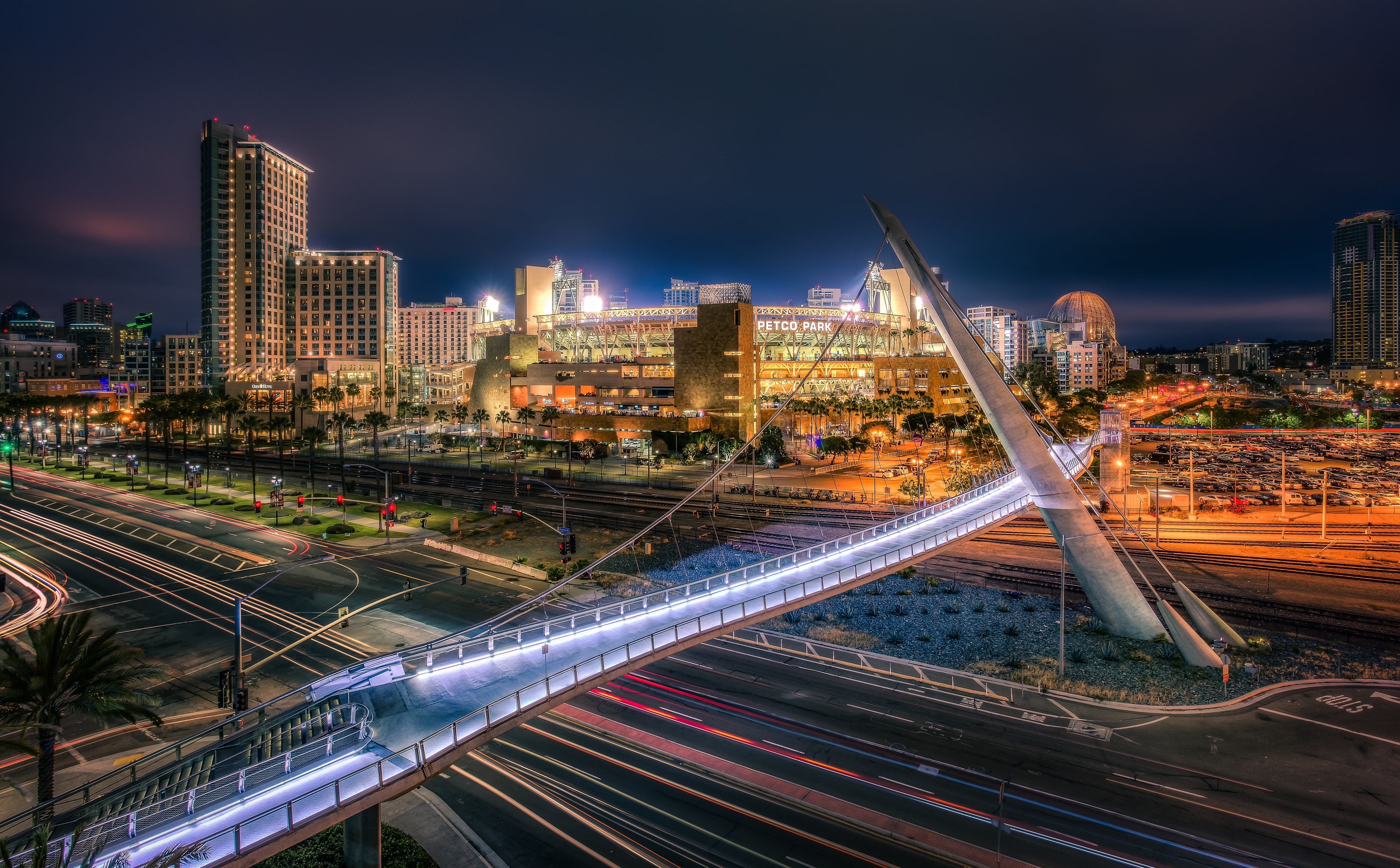 light trail, 5dmark3, sandiego, Harbor, United States, canon, Drive, park, canon5d, Street, multiple lane highway, Bridge, Night, gamenight, California, HD Wallpaper