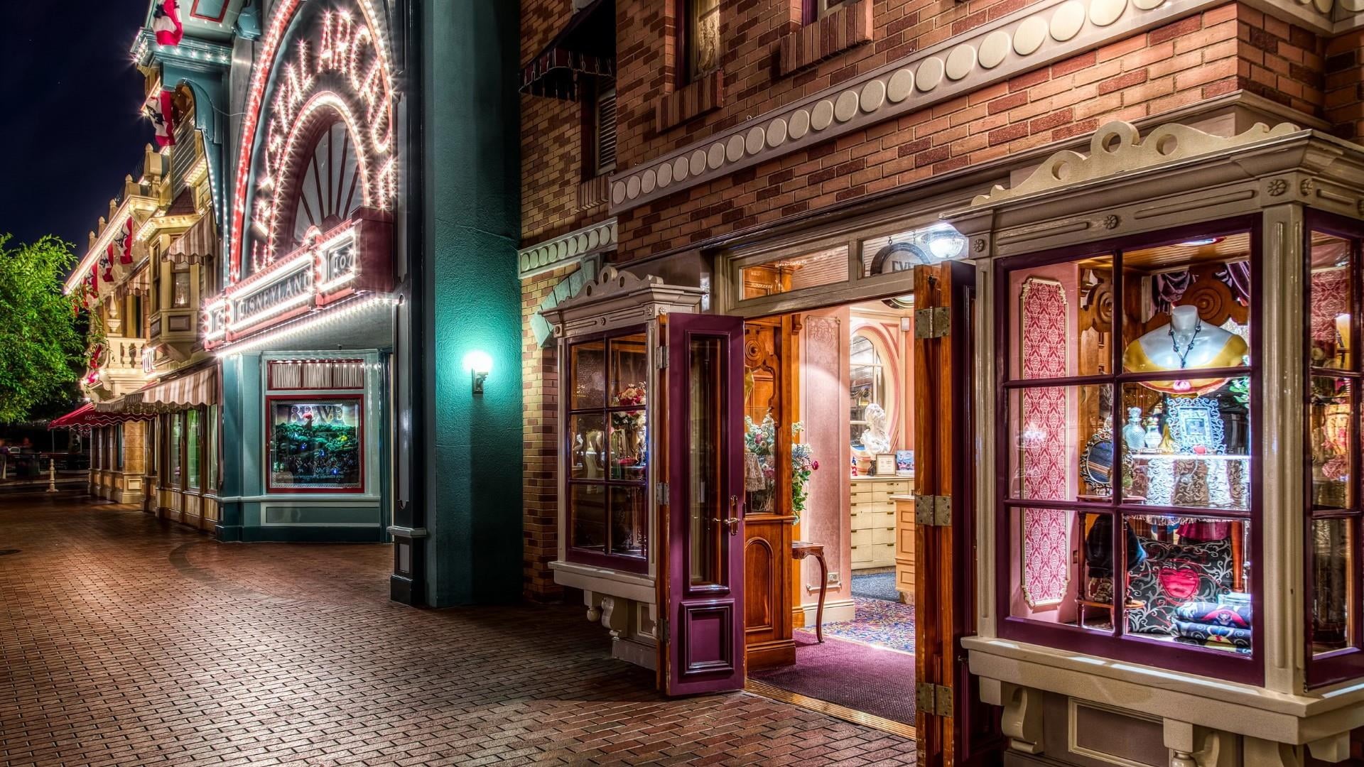 1080P, night, chic store, history, travel destinations, disneyland, bar - drink establishment, anaheim, illuminated, united states, store, lighting equipment, HD Wallpaper