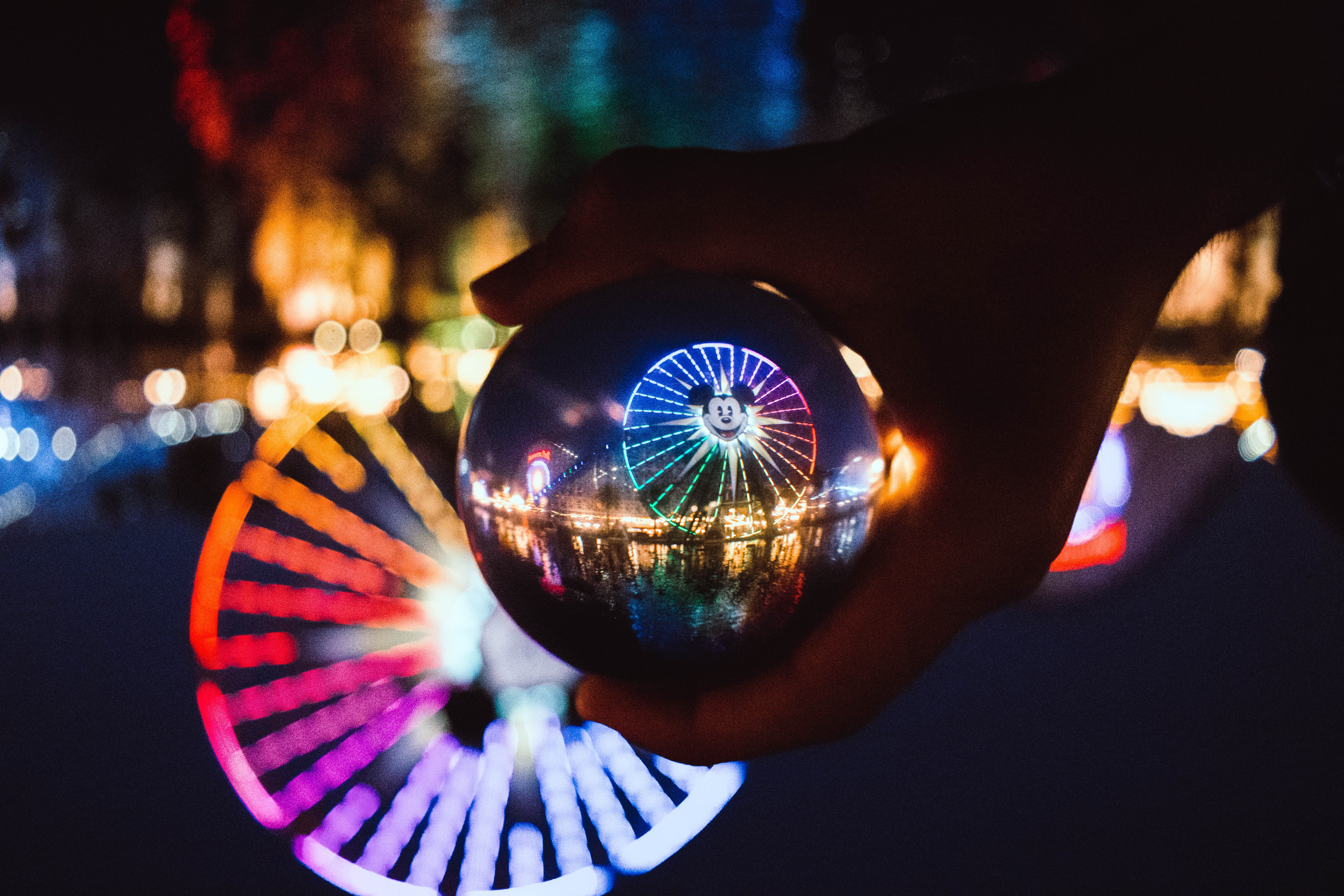 disney, california, night, theme park, architecture, human hand, california adventure, lights, close-up, city, crystal ball, amusement park, 5K, outdoors, HD Wallpaper