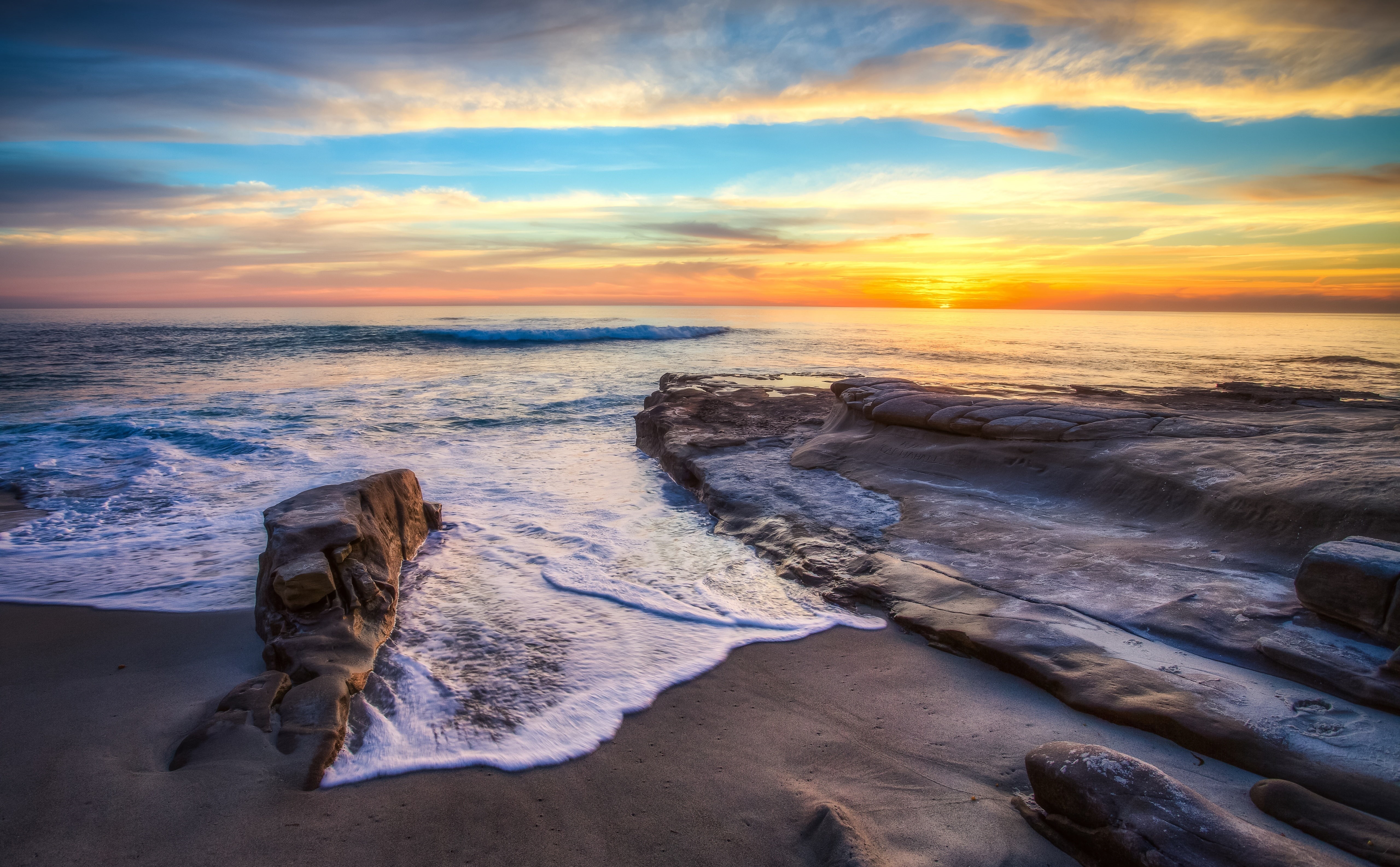 diego, cloud - sky, water, Nature, California, pacificocean, Coastal, canon, sea, beautiful, Rock, Dusk, Sunset, canon5dmarkiii, Wave, beauty in nature, HD Wallpaper