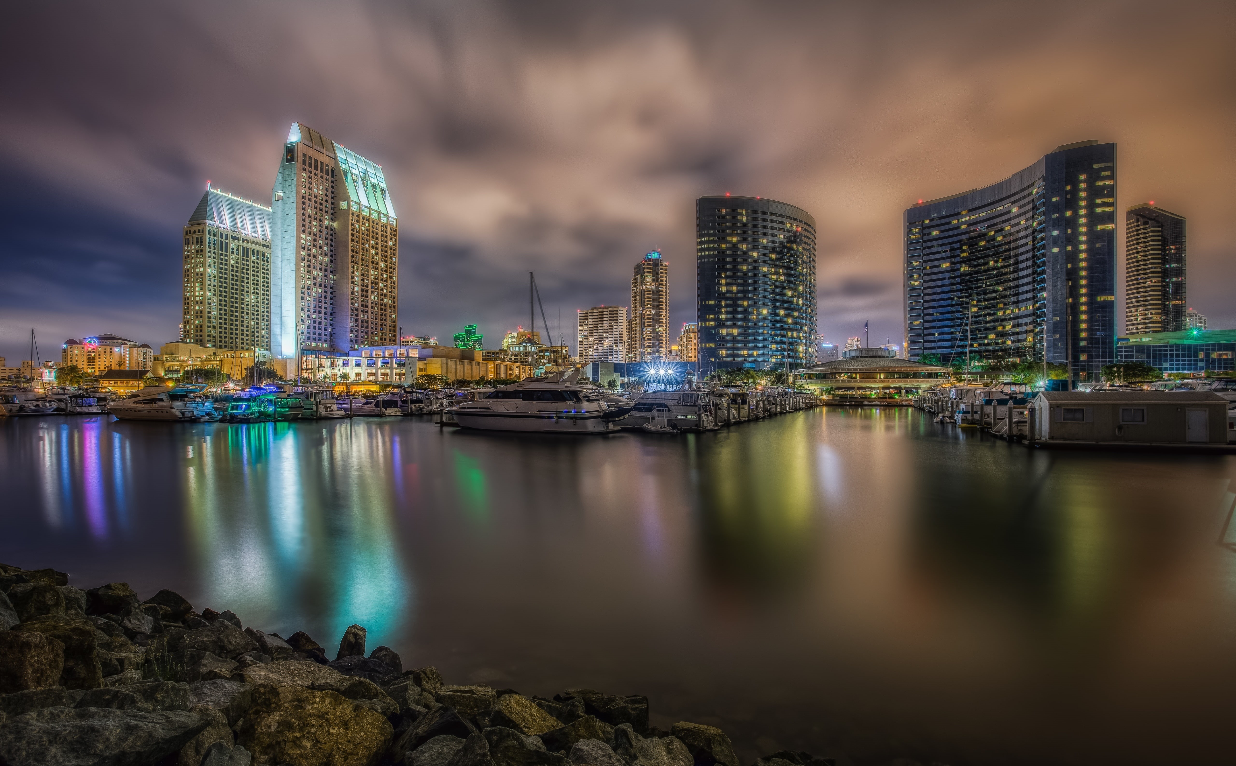 nature, modern, no people, Reflection, marriott, illuminated, san, diego, Gaslamp, sky, water, cloud - sky, outdoors, tall, Hyatt, United States, Harbor, HD Wallpaper