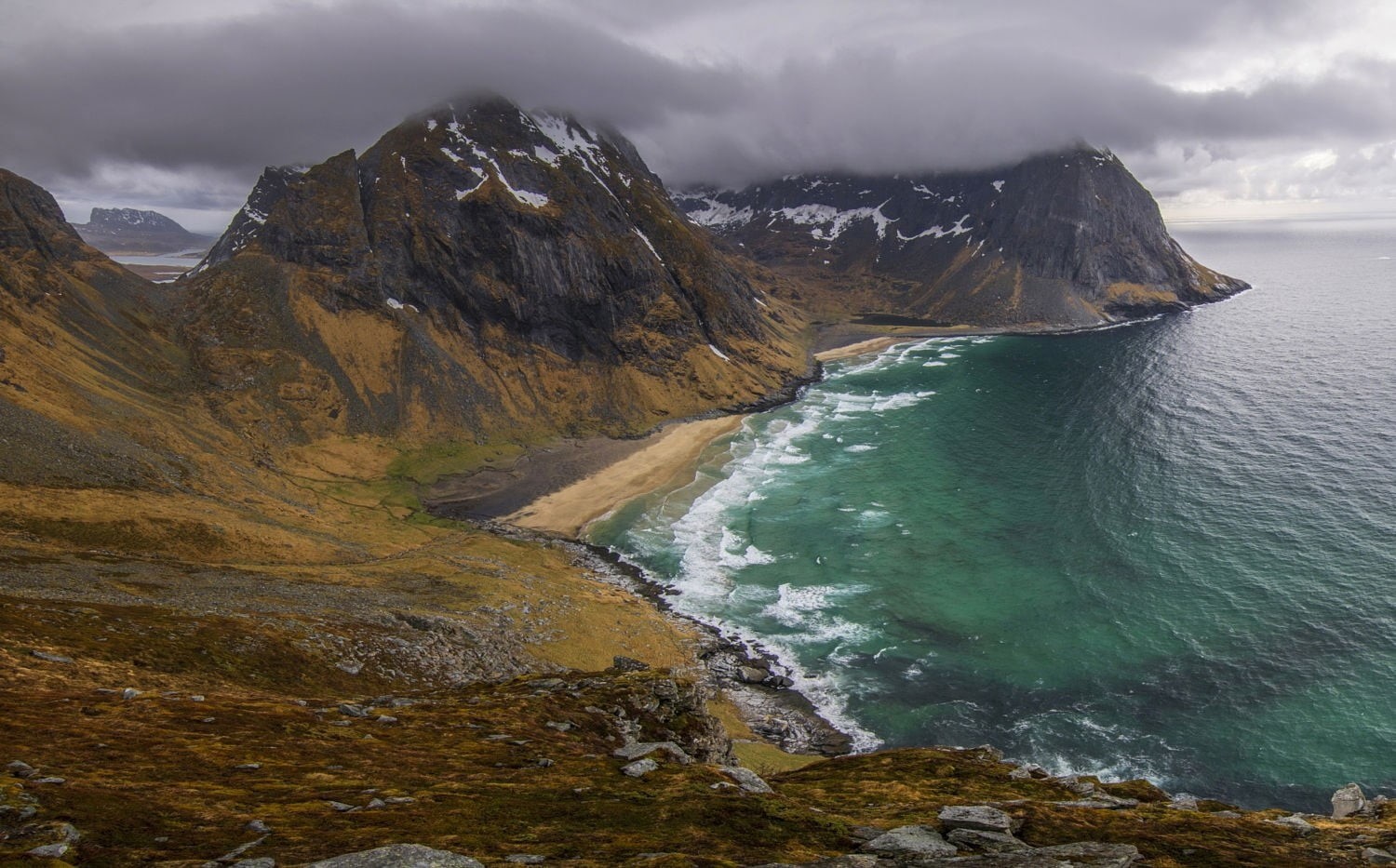 beach, Lofoten Islands, tree, cloud - sky, mountains, outdoors, rock - object, Norway, mountain, painting, mountain range, solid, clouds, travel destinations, HD Wallpaper
