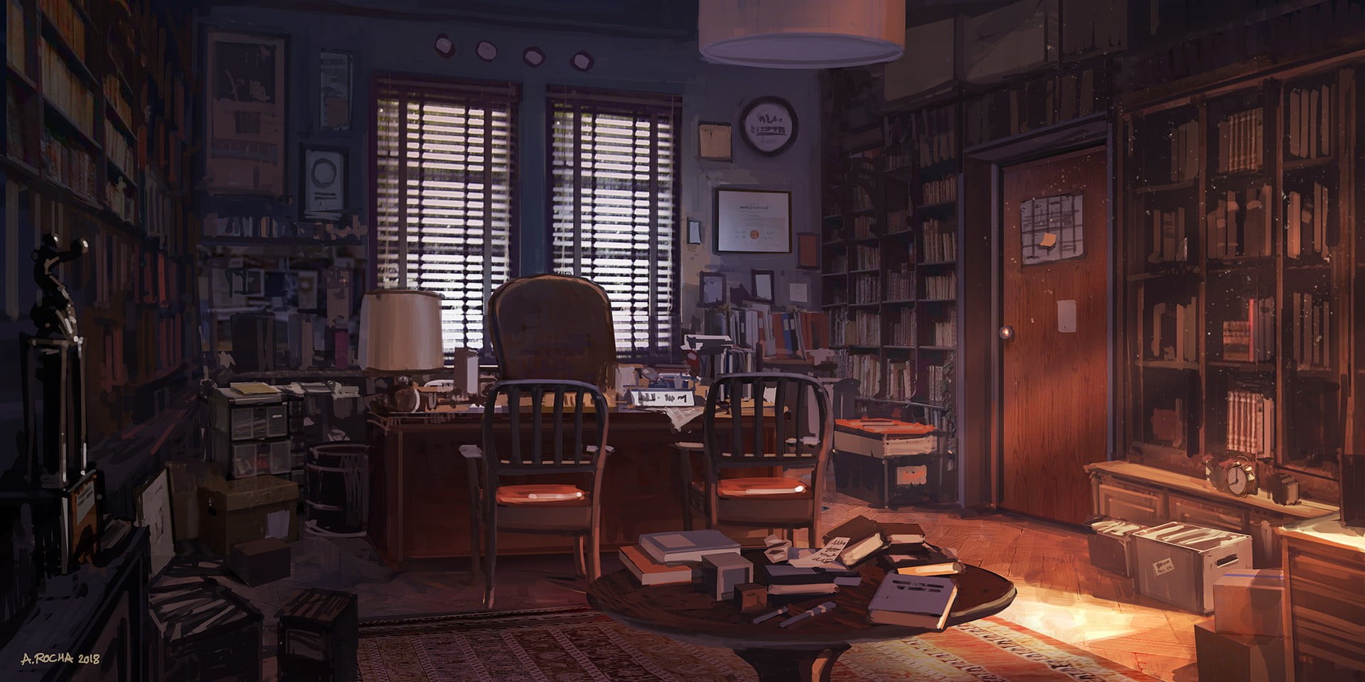 Andreas Rocha, boxes, chair, carpet, window, 1080P, table, room, books, door, book shelf, clocks, HD Wallpaper