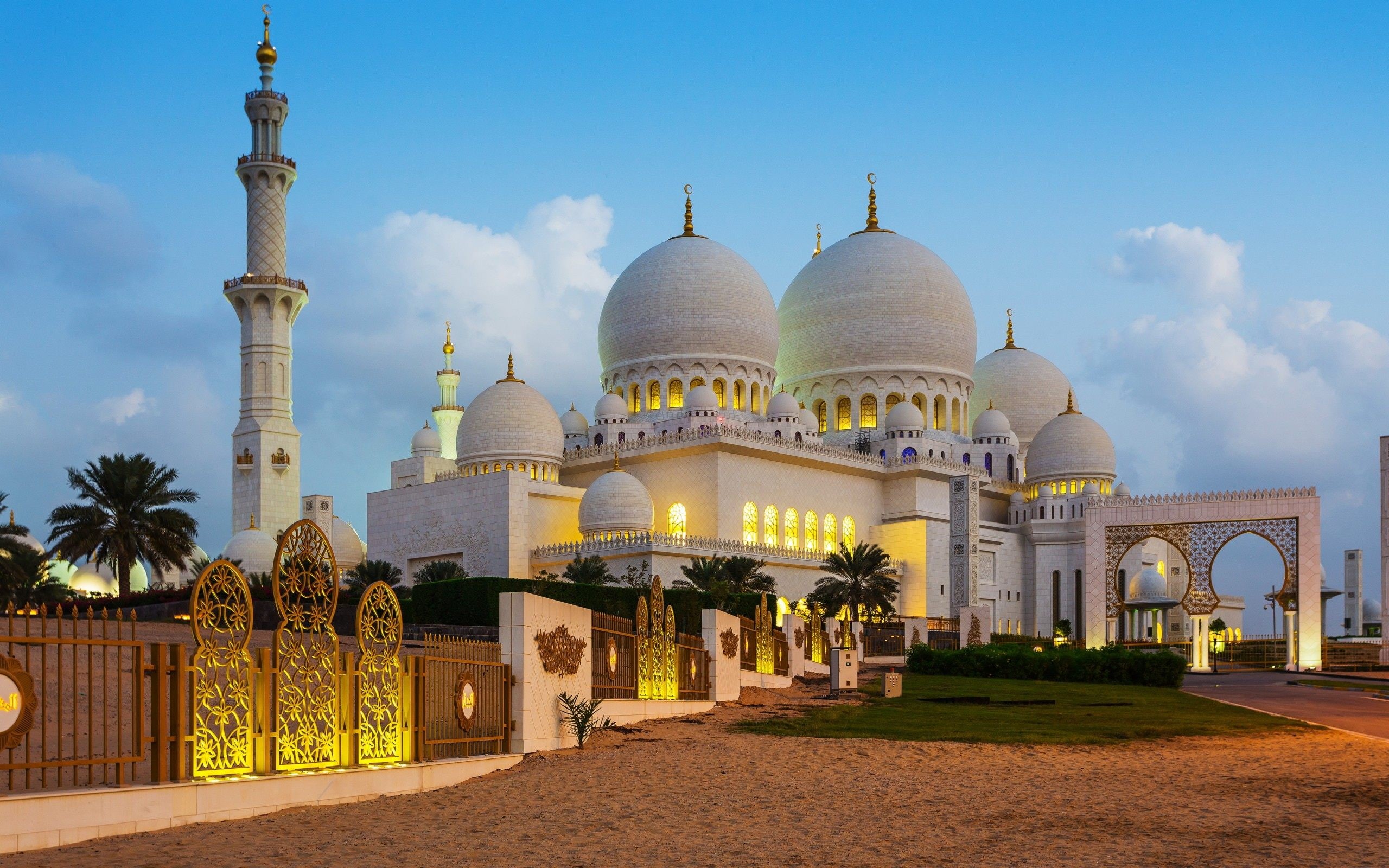 mosque, sheikh, grand, lights, night, zayed, evening, clear, abu, 2K, dhabi, hd, HD Wallpaper