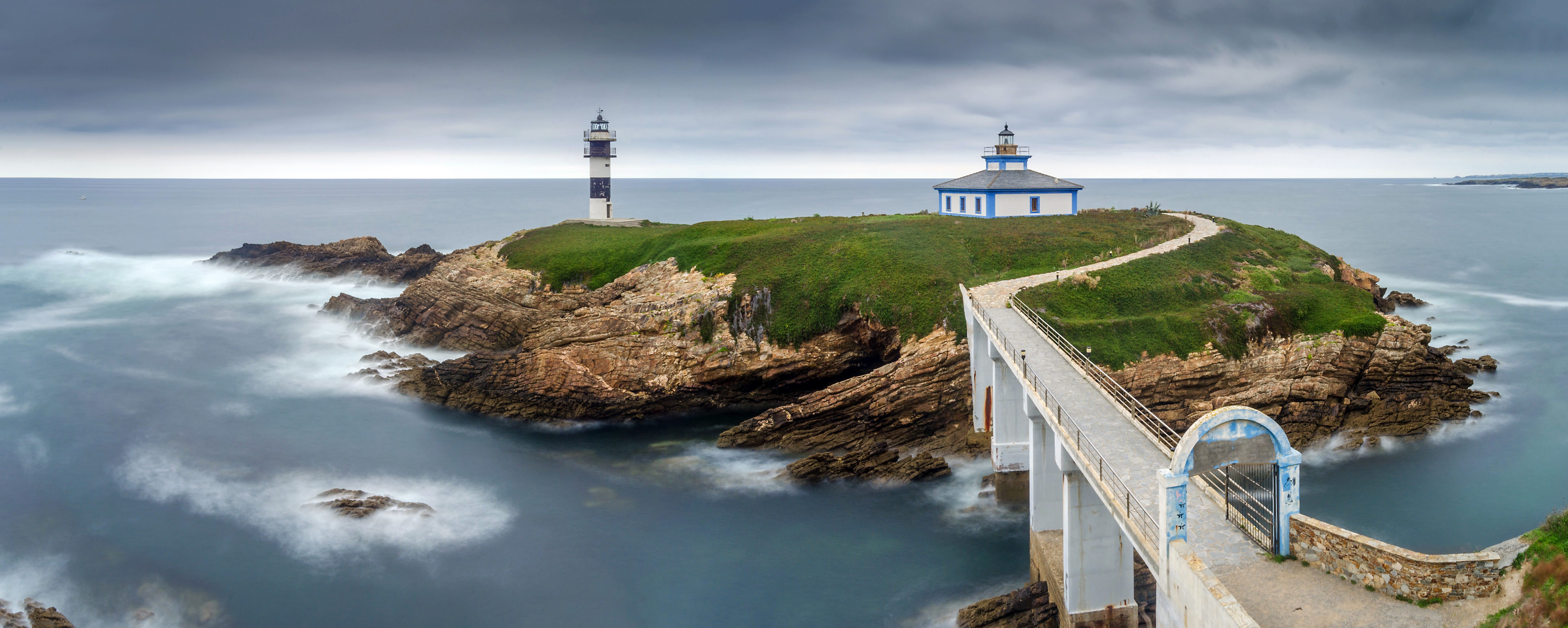 sky, tower, island, 5K, nature, travel destinations, spain, environment, built structure, coast, building exterior, light, travel, high angle view, building, HD Wallpaper