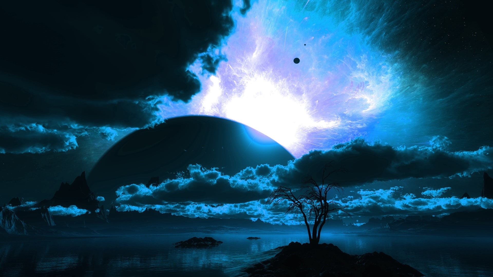 planet, sea, land, cloud - sky, night, lightning, geology, no people, outdoors, beauty in nature, fantasy art, tranquility, darkness, scenics - nature, HD Wallpaper